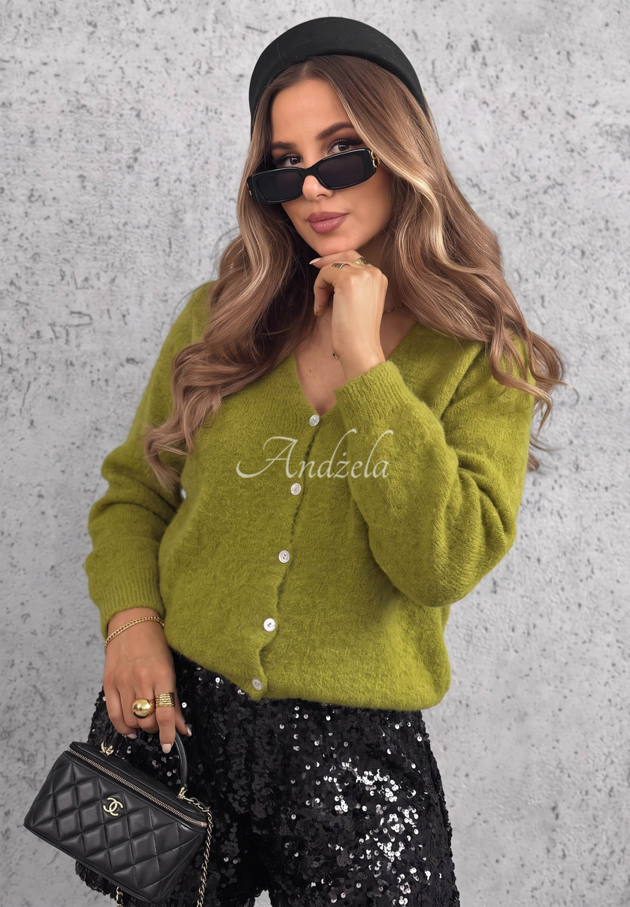 Kurzer Cardigan mit Baby-Alpaka und Wolle Soft Fluff Grün awokado