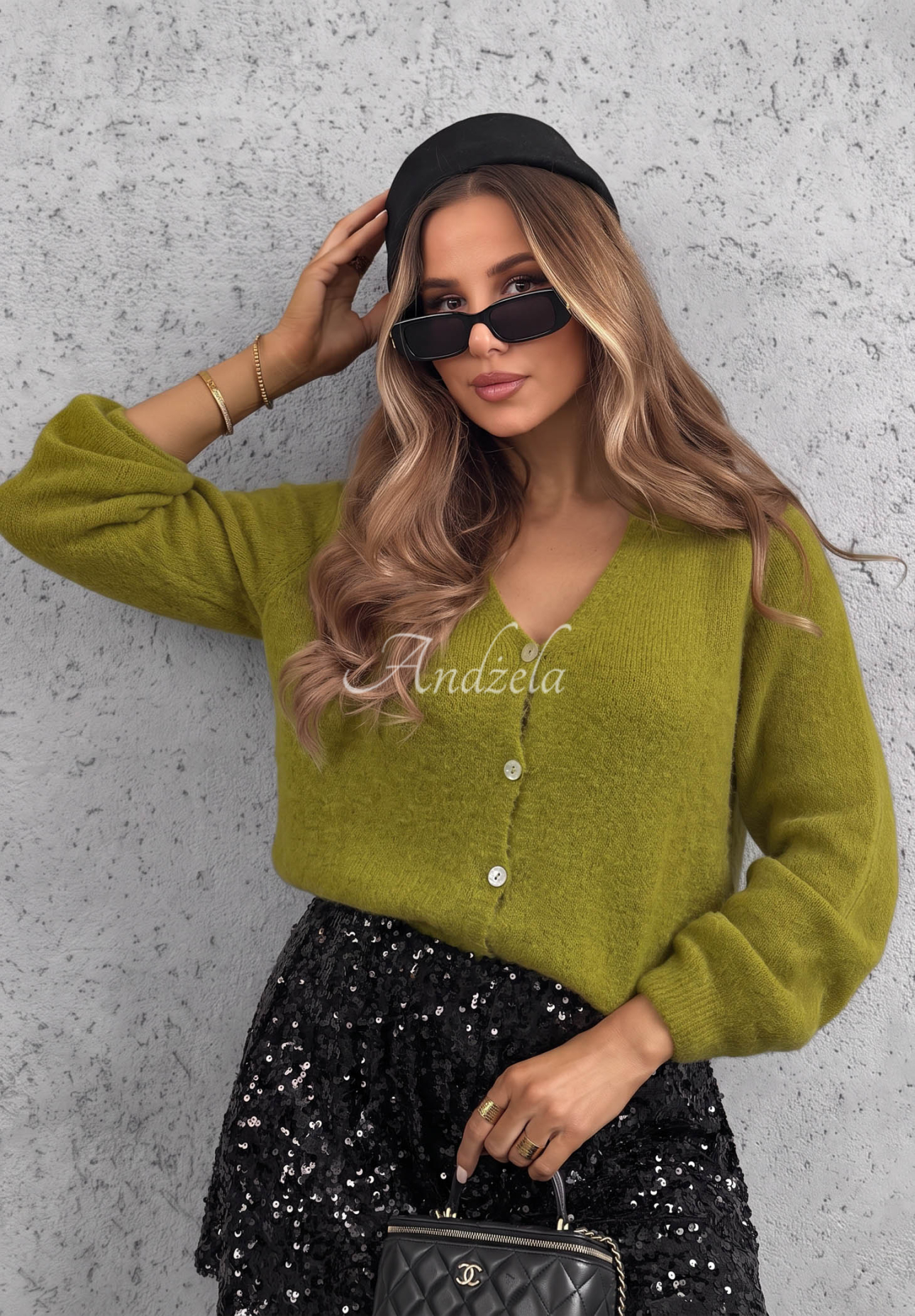 Kurzer Cardigan mit Baby-Alpaka und Wolle Soft Fluff Grün awokado