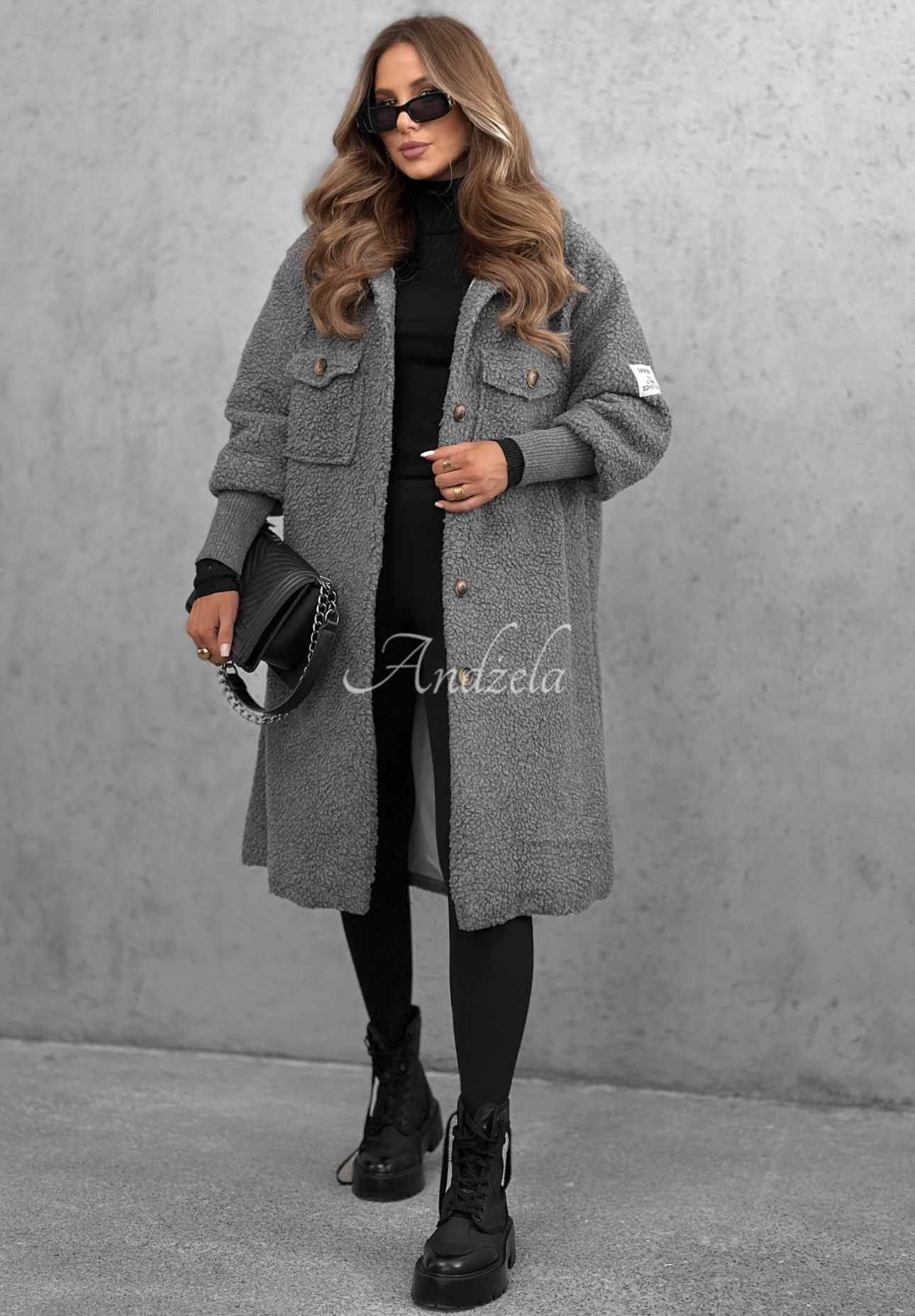 Langer Lammfellmantel mit Kapuze Aspen Babe Grau