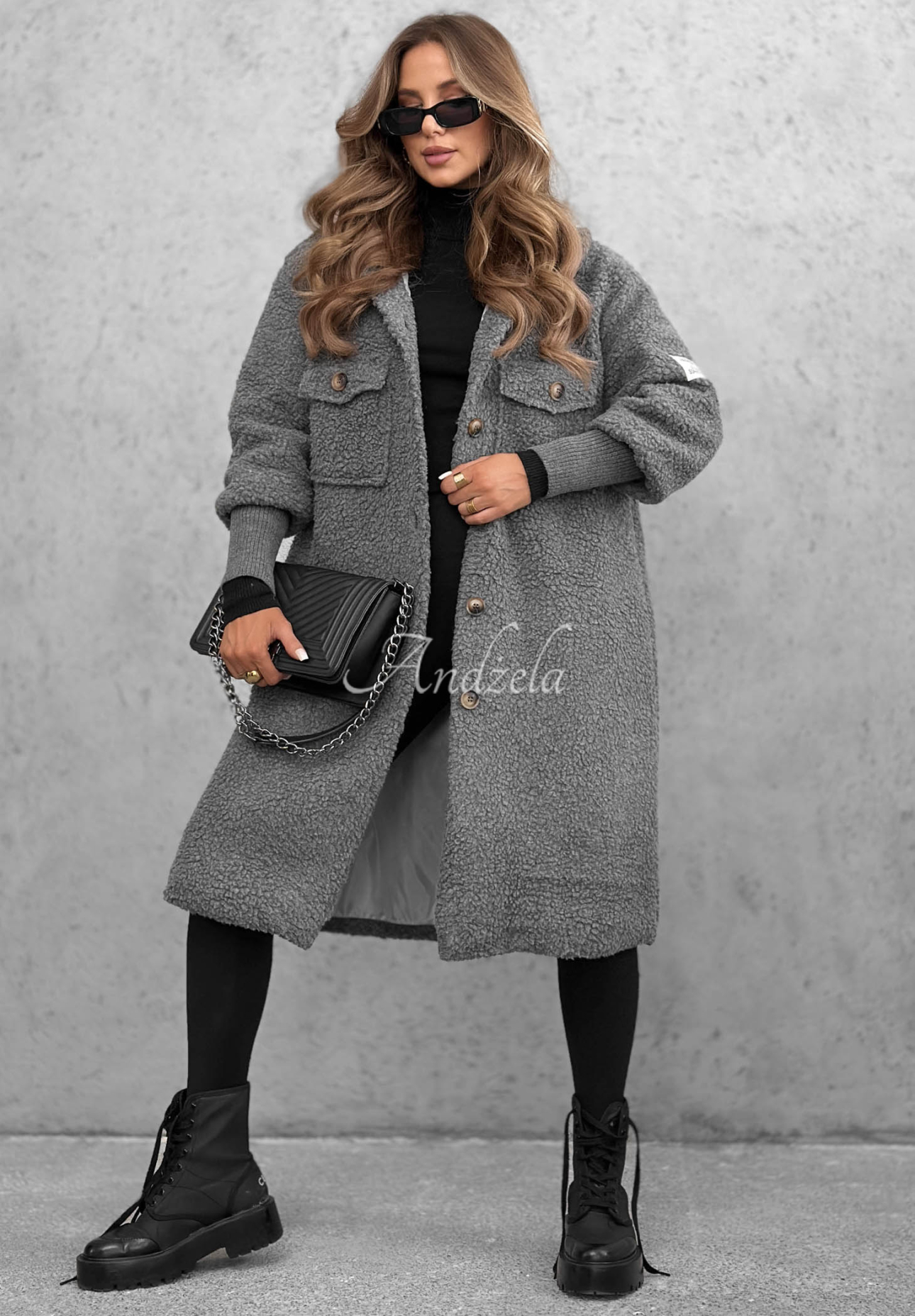 Langer Lammfellmantel mit Kapuze Aspen Babe Grau