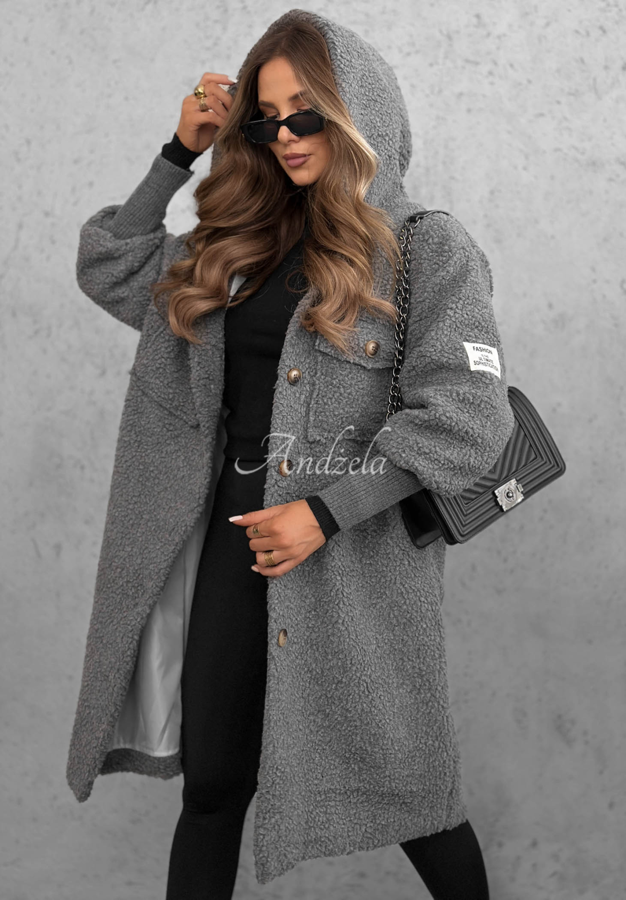 Langer Lammfellmantel mit Kapuze Aspen Babe Grau