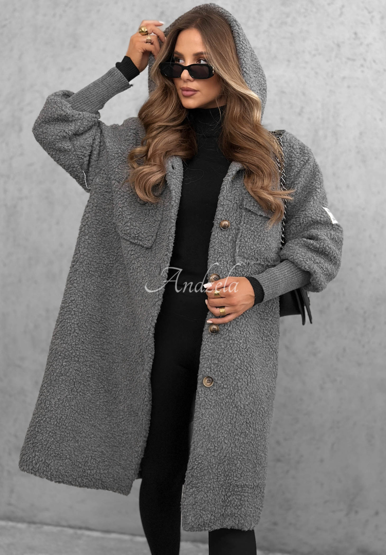 Langer Lammfellmantel mit Kapuze Aspen Babe Grau