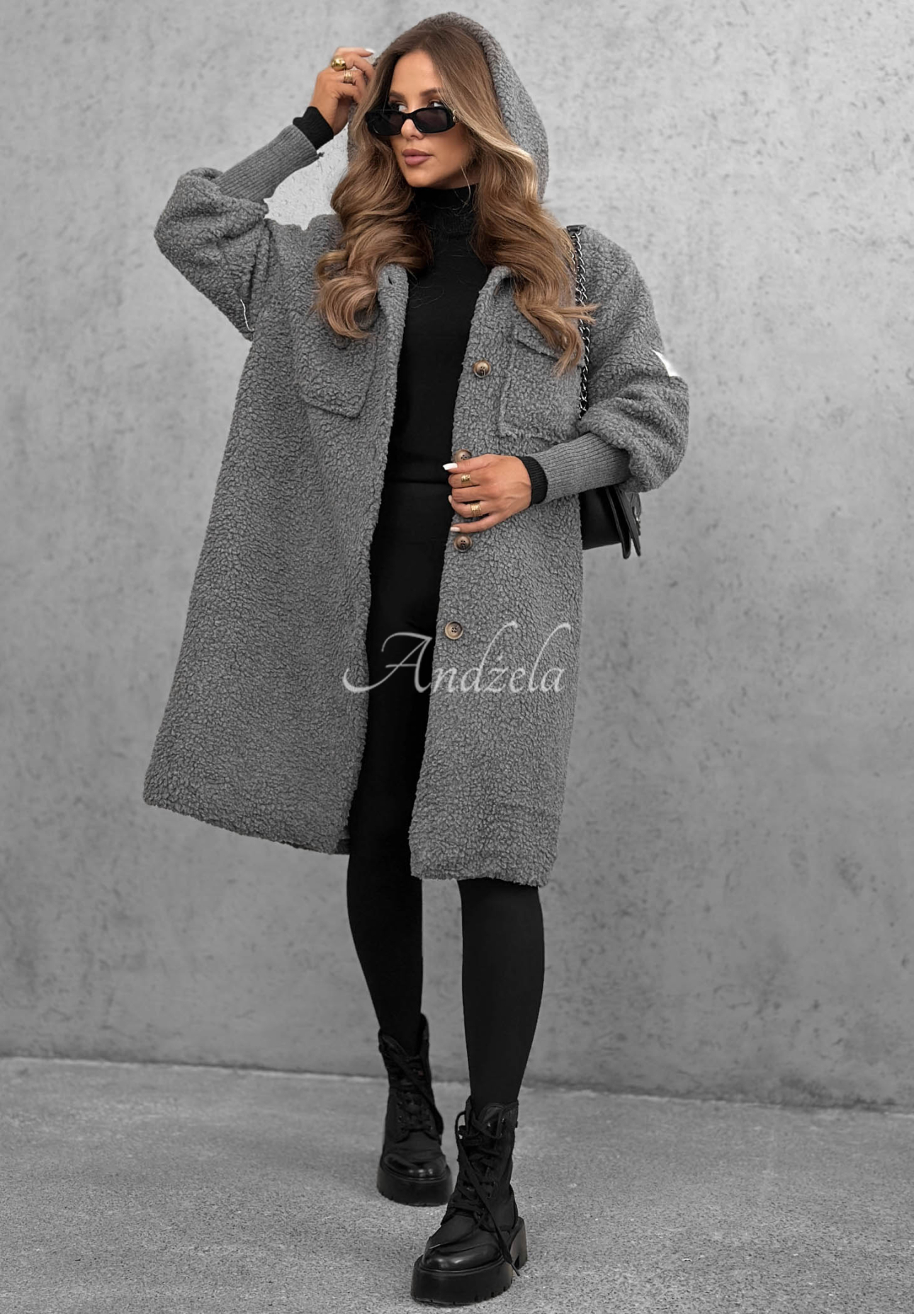Langer Lammfellmantel mit Kapuze Aspen Babe Grau