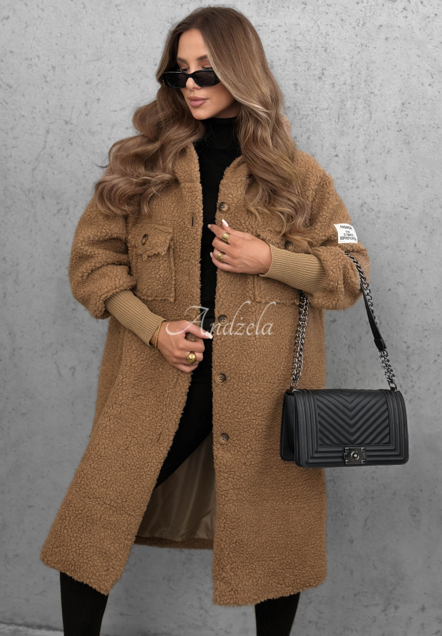 Langer Lammfellmantel mit Kapuze Aspen Babe Camel