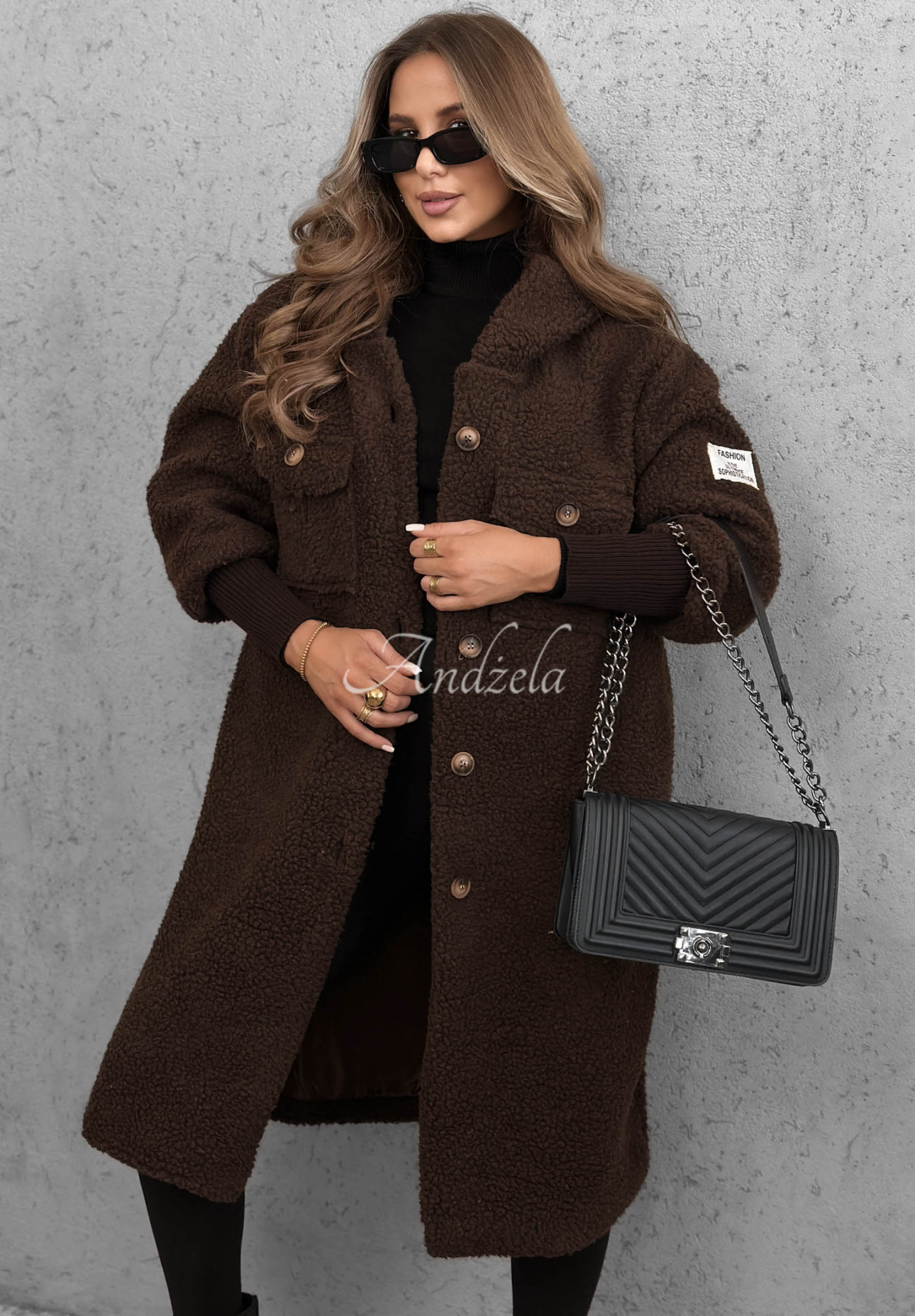 Langer Lammfellmantel mit Kapuze Aspen Babe Schokoladenbraun