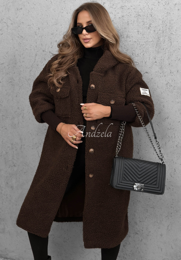 Langer Lammfellmantel mit Kapuze Aspen Babe Schokoladenbraun