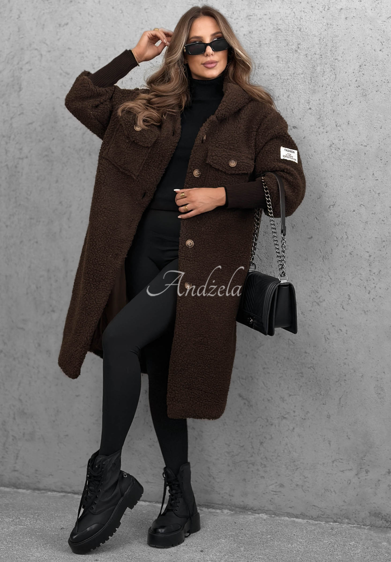 Langer Lammfellmantel mit Kapuze Aspen Babe Schokoladenbraun