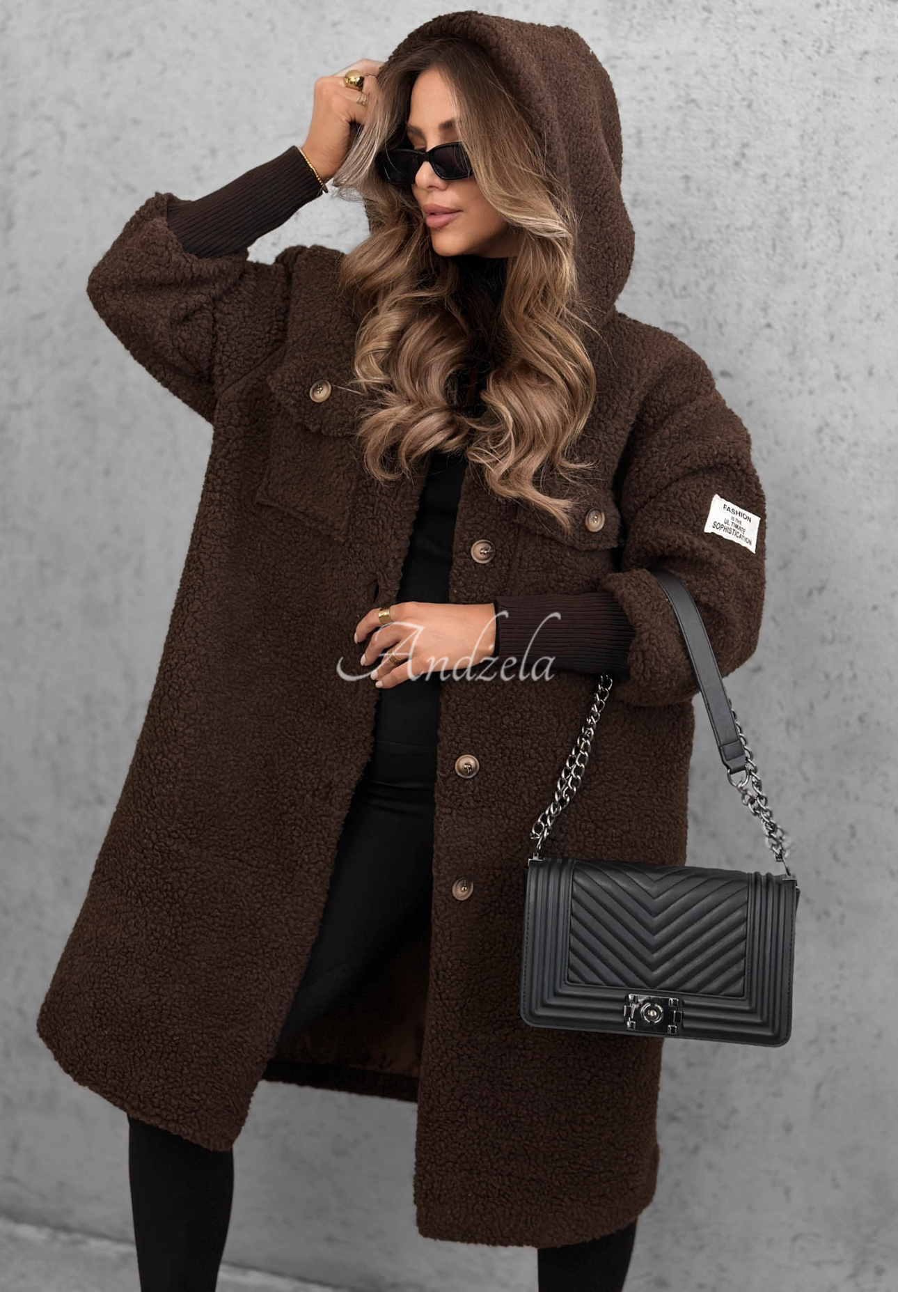 Langer Lammfellmantel mit Kapuze Aspen Babe Schokoladenbraun