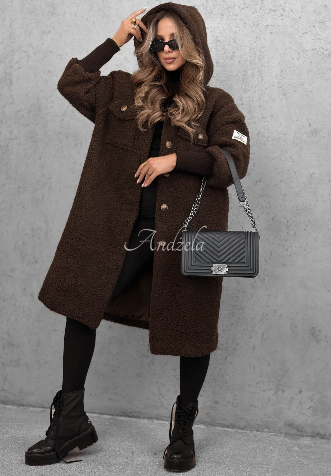 Langer Lammfellmantel mit Kapuze Aspen Babe Schokoladenbraun
