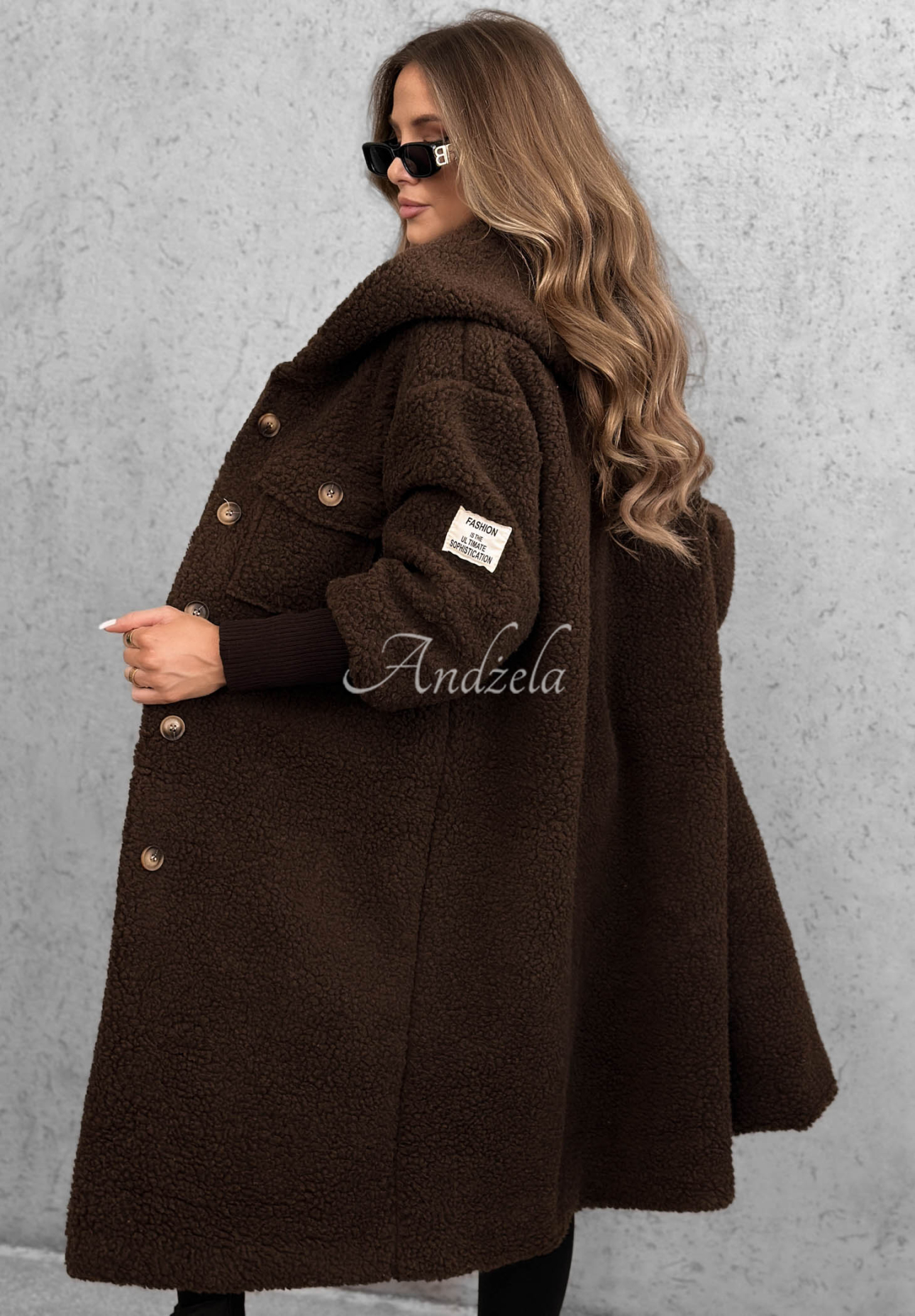 Langer Lammfellmantel mit Kapuze Aspen Babe Schokoladenbraun