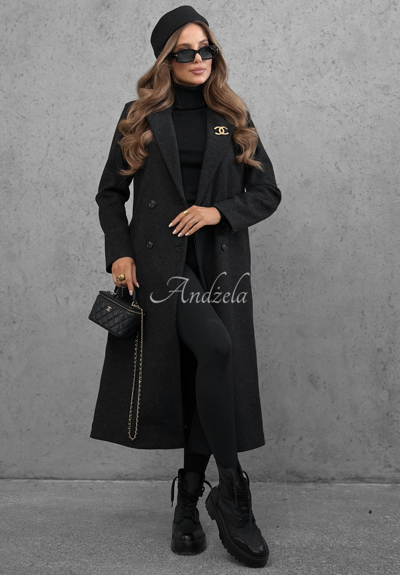 Langer zweireihiger Mantel mit Kragen Cinnamon Street Schwarz