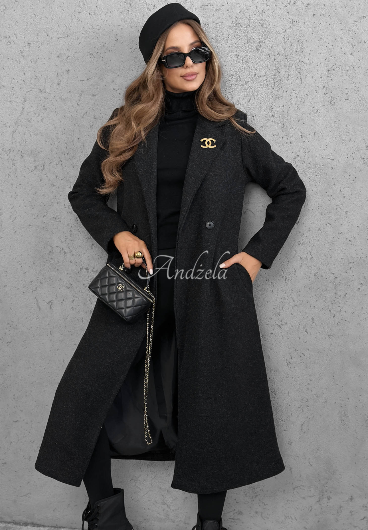Langer zweireihiger Mantel mit Kragen Cinnamon Street Schwarz