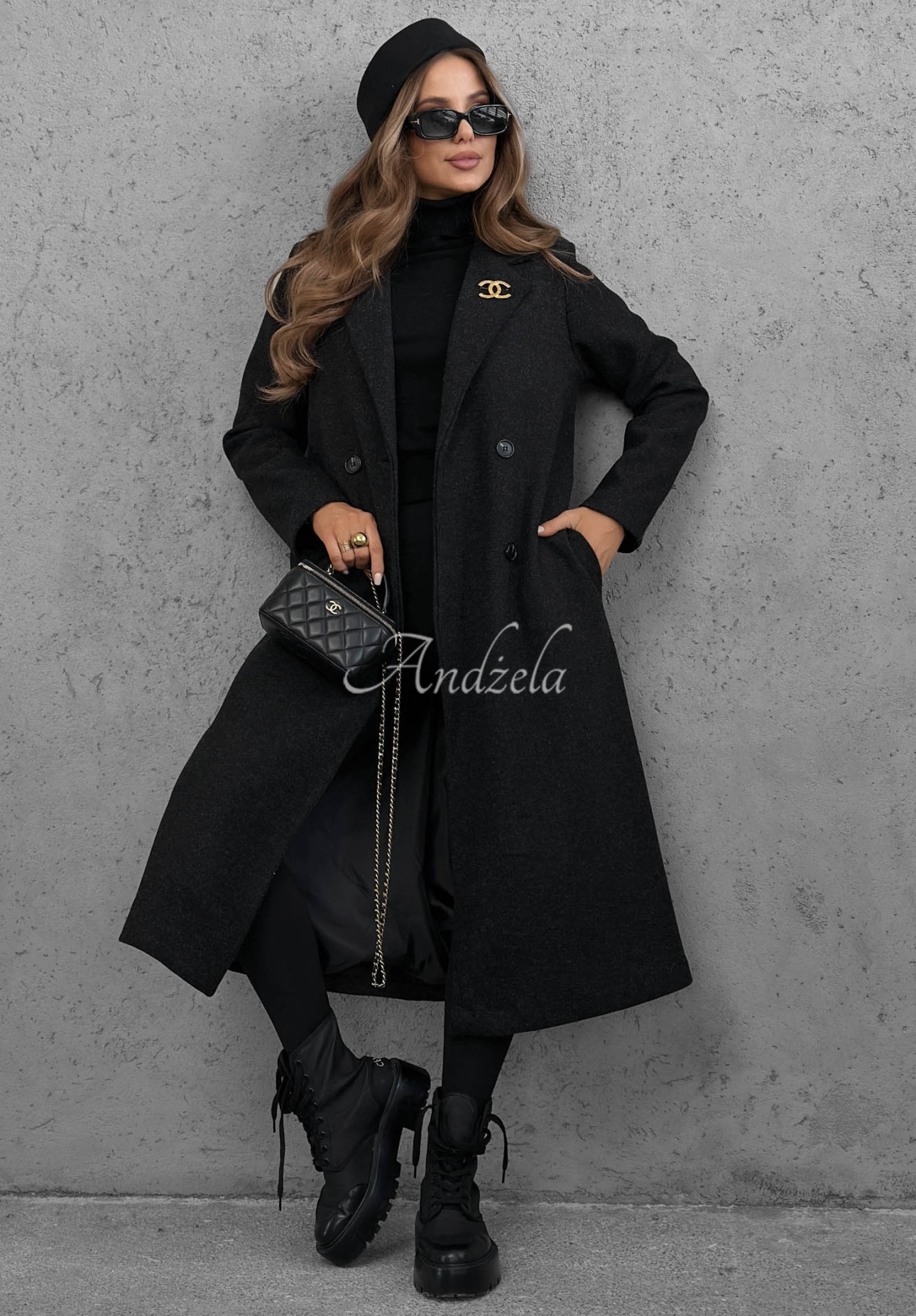 Langer zweireihiger Mantel mit Kragen Cinnamon Street Schwarz