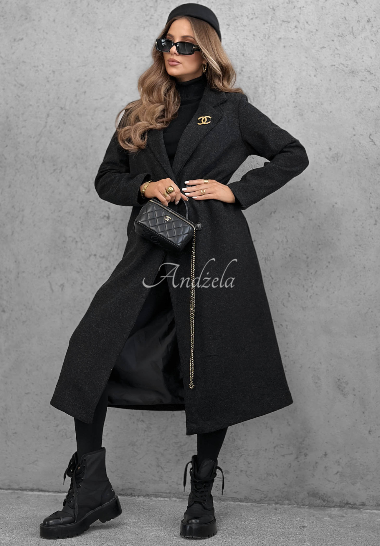 Langer zweireihiger Mantel mit Kragen Cinnamon Street Schwarz