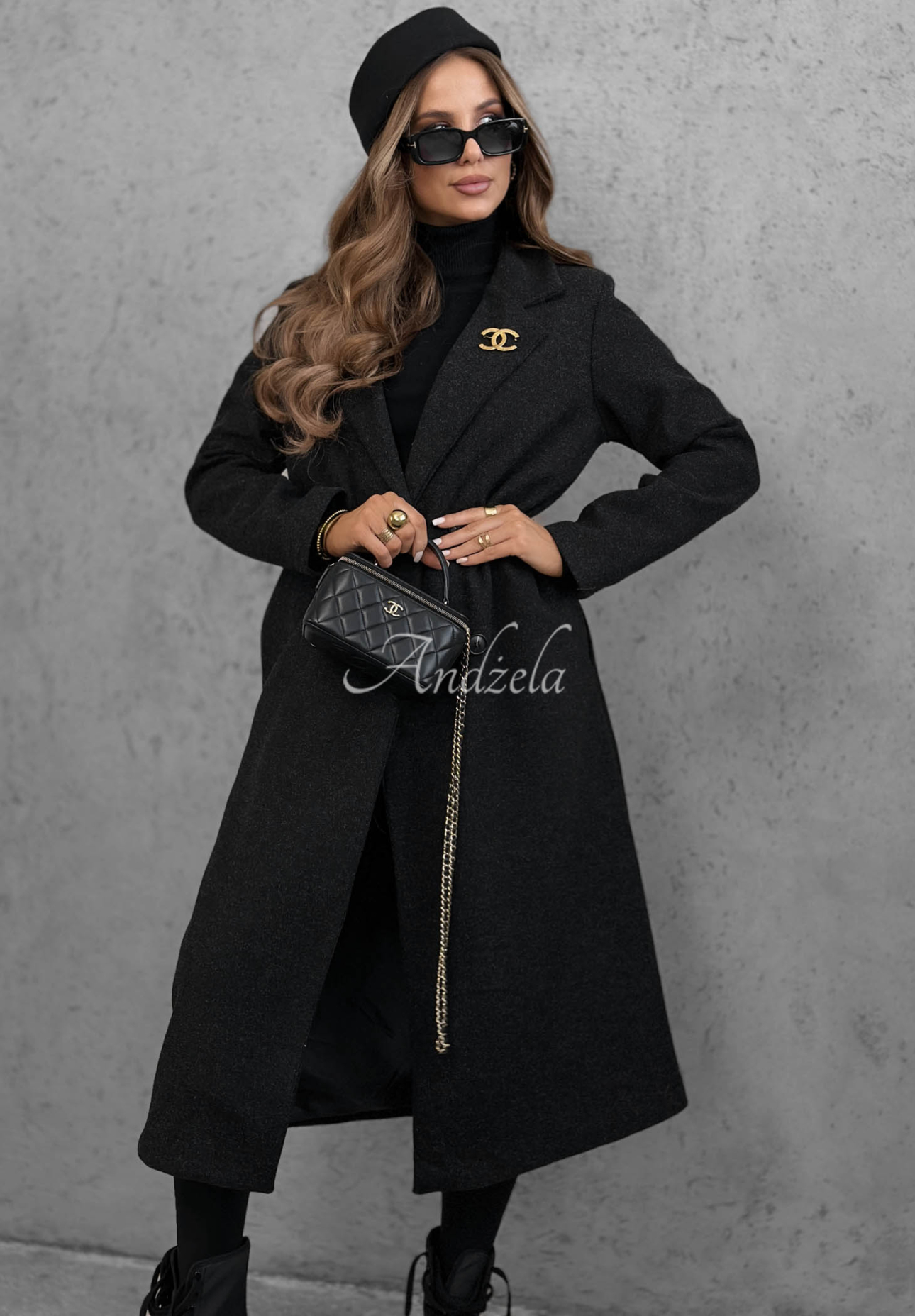 Langer zweireihiger Mantel mit Kragen Cinnamon Street Schwarz