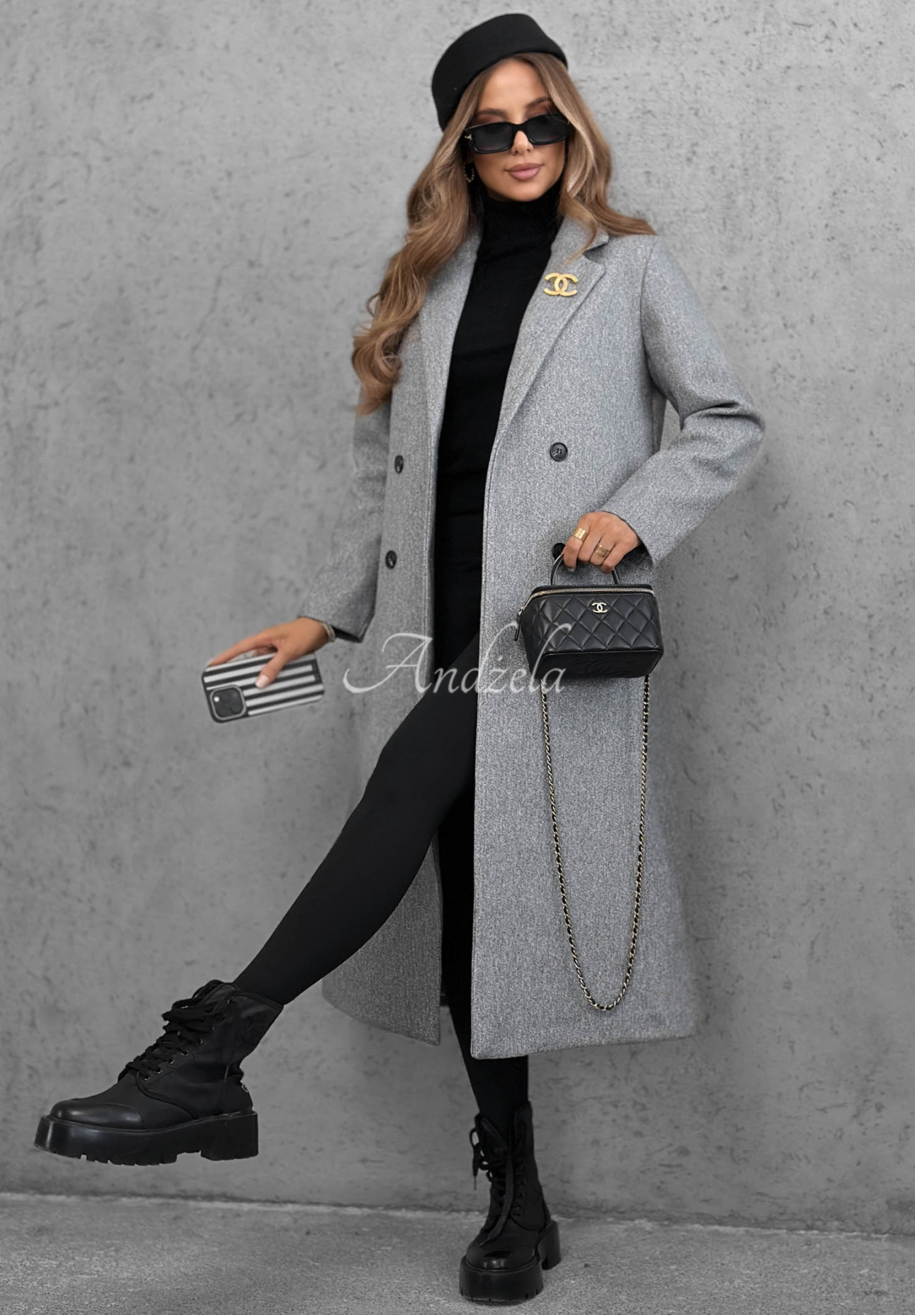 Langer zweireihiger Mantel mit Kragen Cinnamon Street Grau
