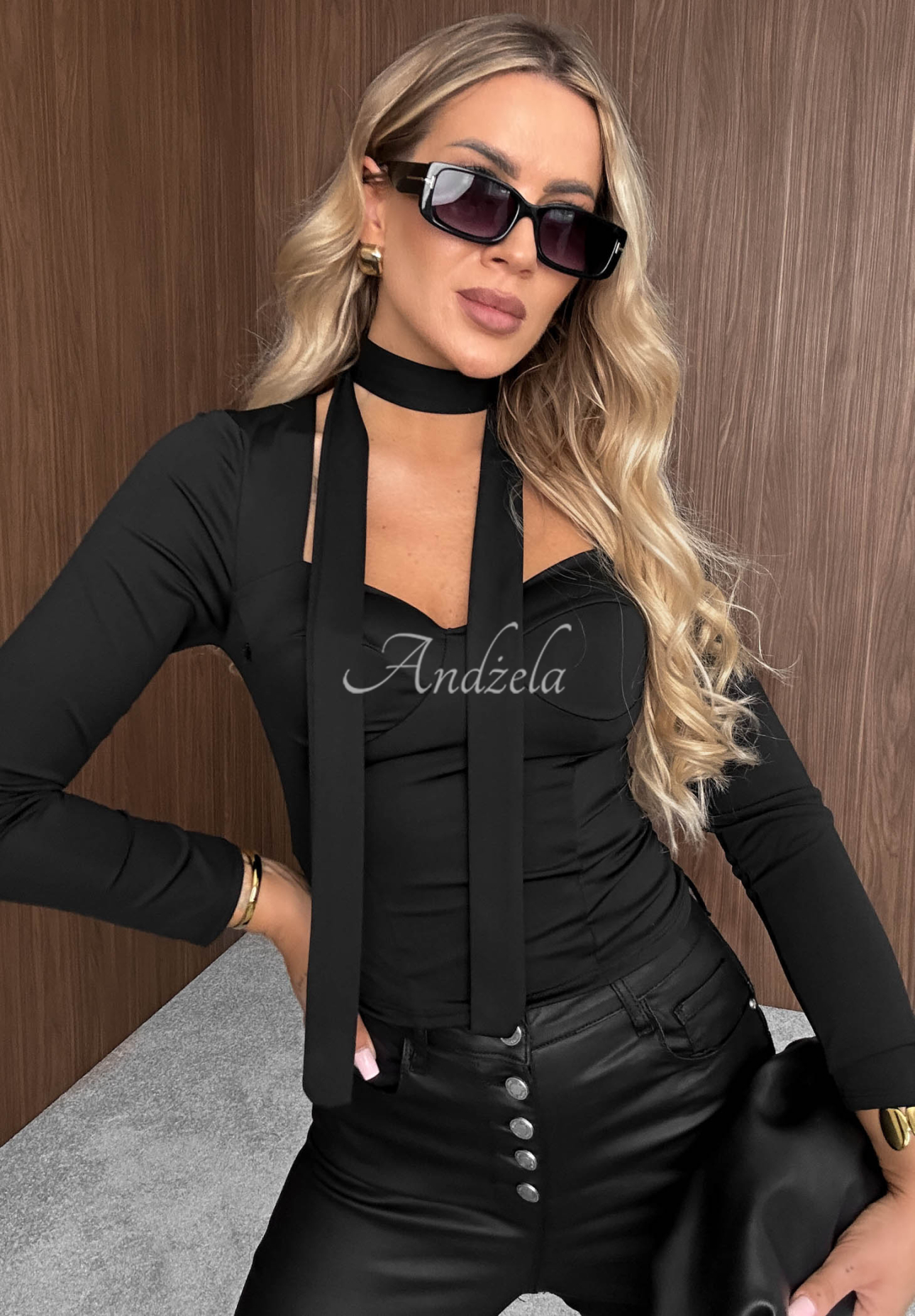 Langarm-Bluse im Korsett-Stil mit Choker Sweet Sinner Schwarz