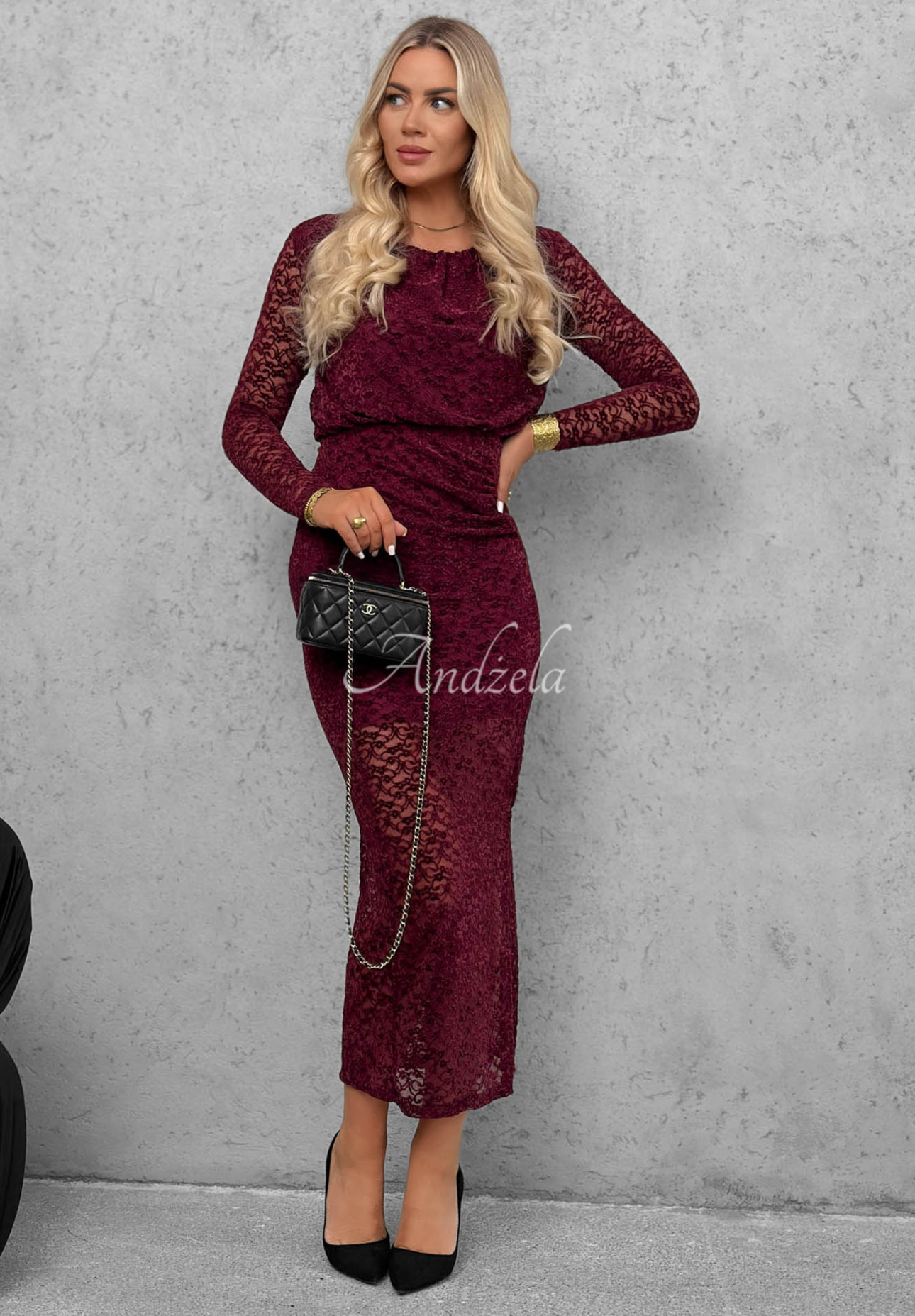 Maxikleid aus Spitze mit Raffungen Lace Affair Burgunderrot