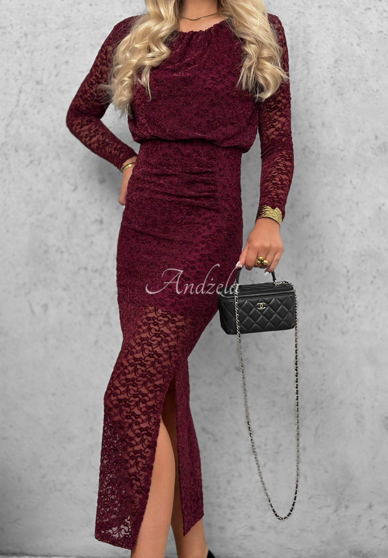 Maxikleid aus Spitze mit Raffungen Lace Affair Burgunderrot