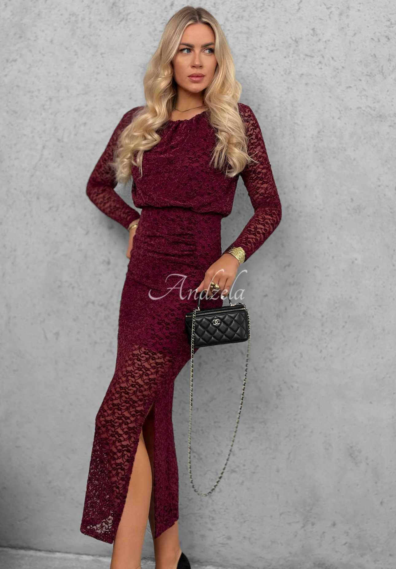 Maxikleid aus Spitze mit Raffungen Lace Affair Burgunderrot