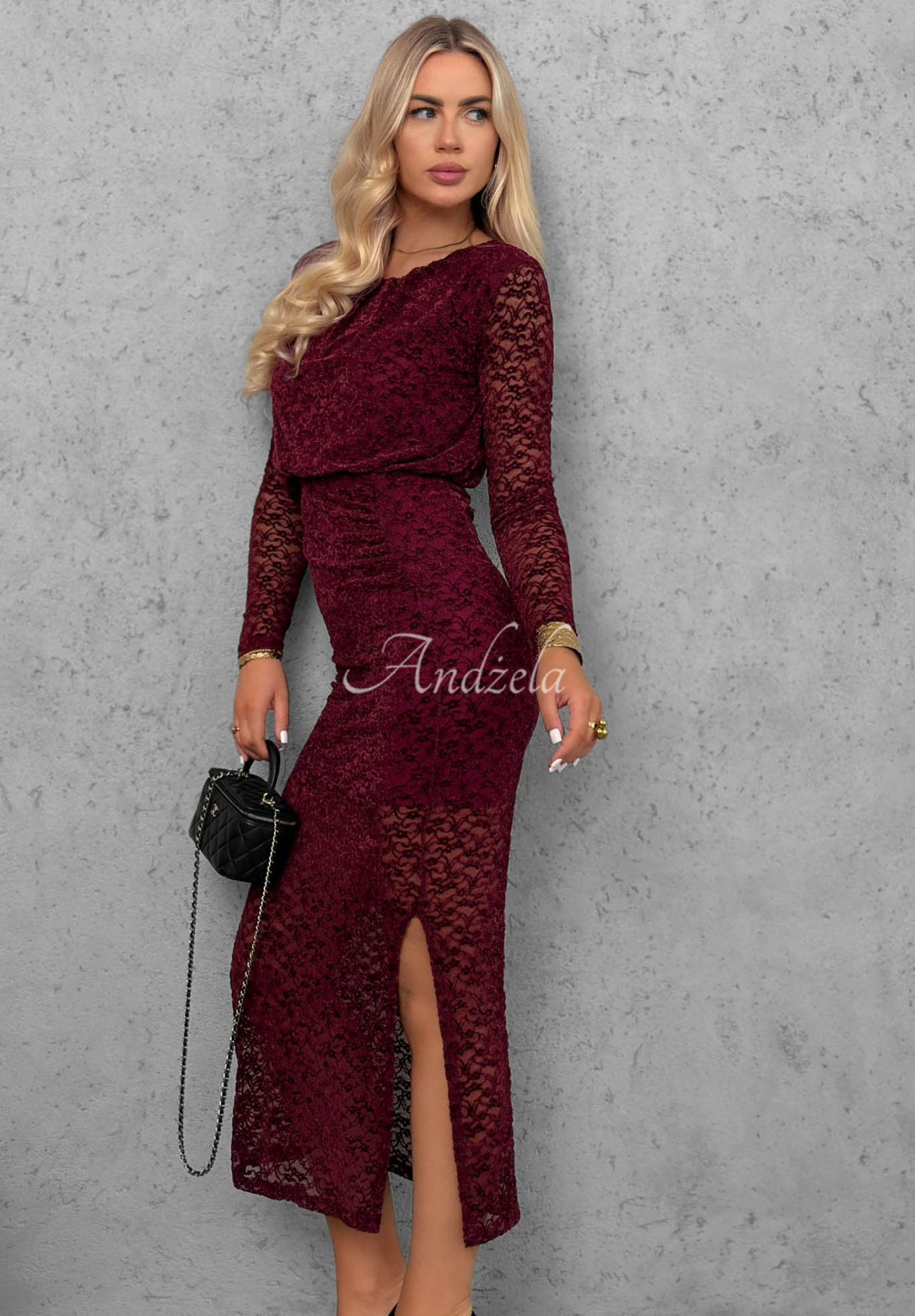 Maxikleid aus Spitze mit Raffungen Lace Affair Burgunderrot