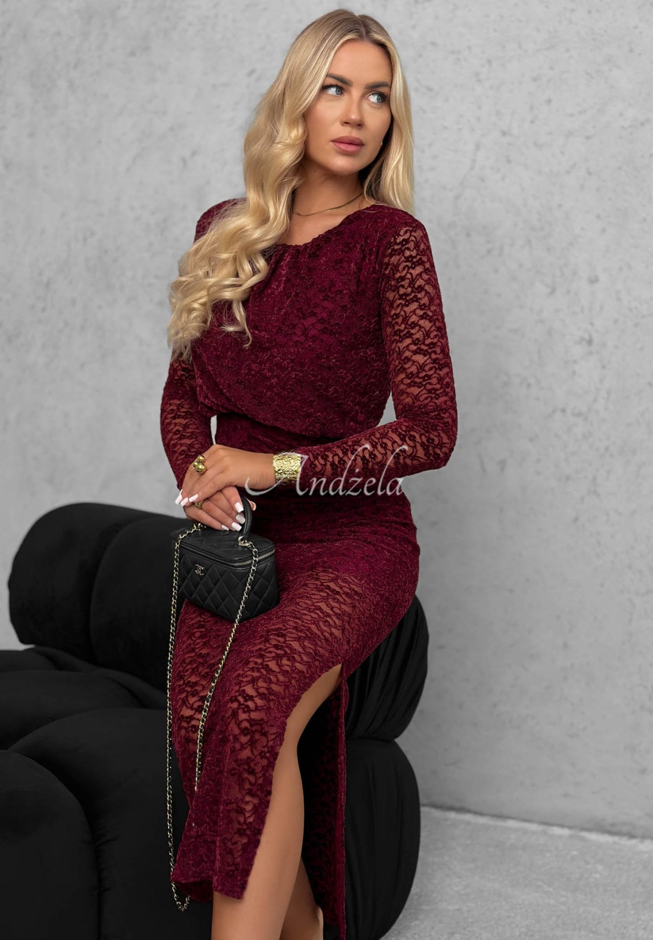 Maxikleid aus Spitze mit Raffungen Lace Affair Burgunderrot