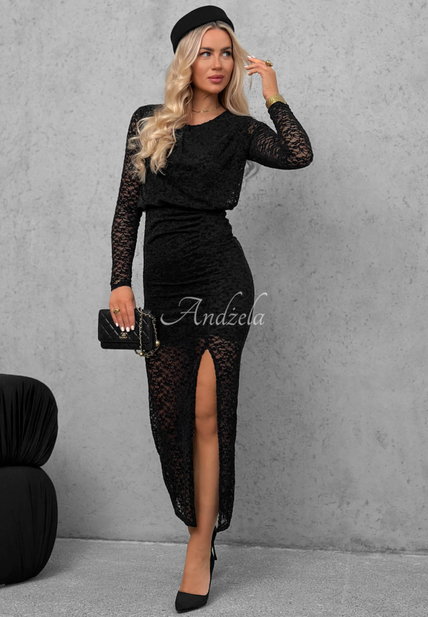 Maxikleid aus Spitze mit Raffungen Lace Affair Schwarz