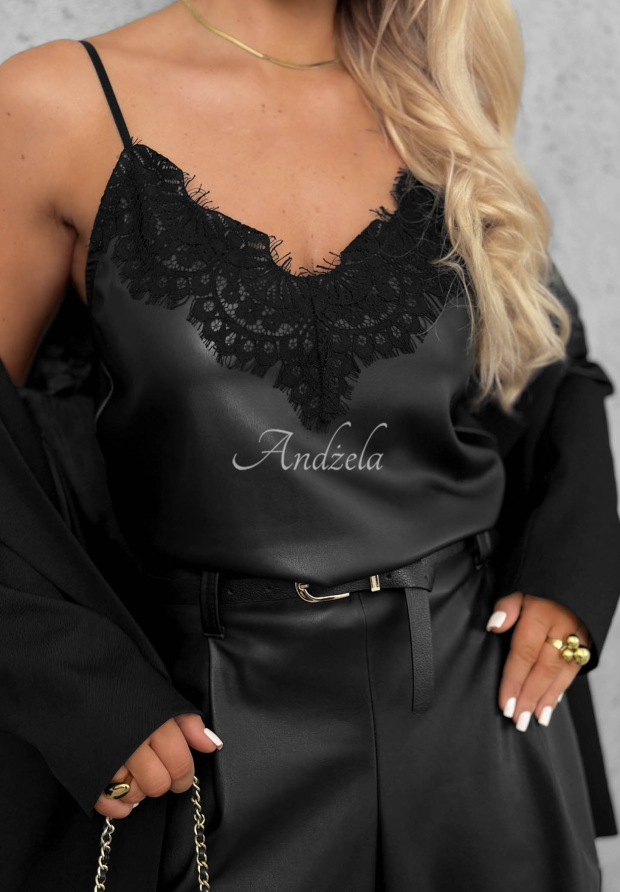 Leder-Tr&auml;ger-Top mit Spitze Sweet Rebel Schwarz