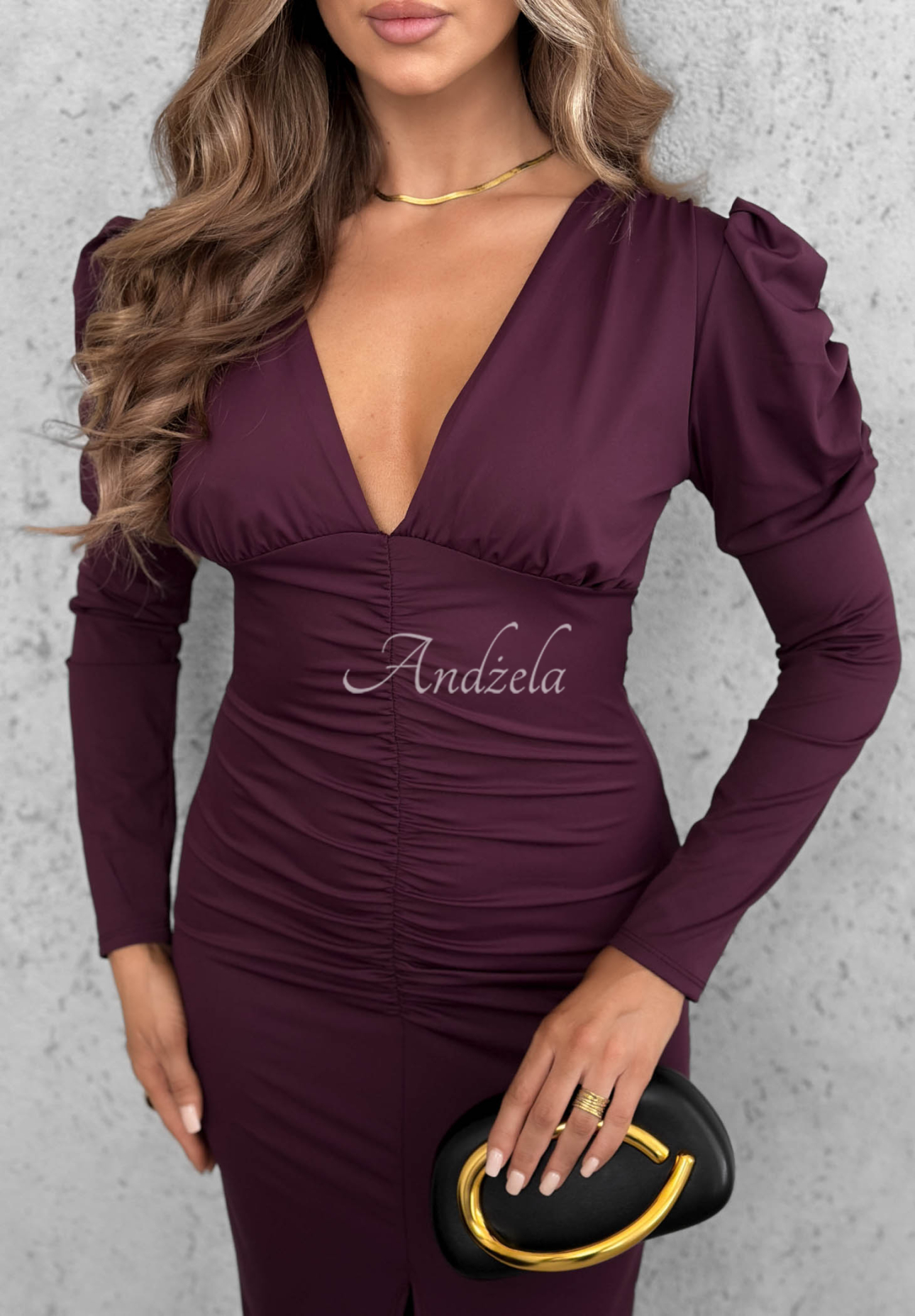 Figurbetontes Midikleid mit Raffungen und Puffärmeln Midnight Fantasy Beerenfarben