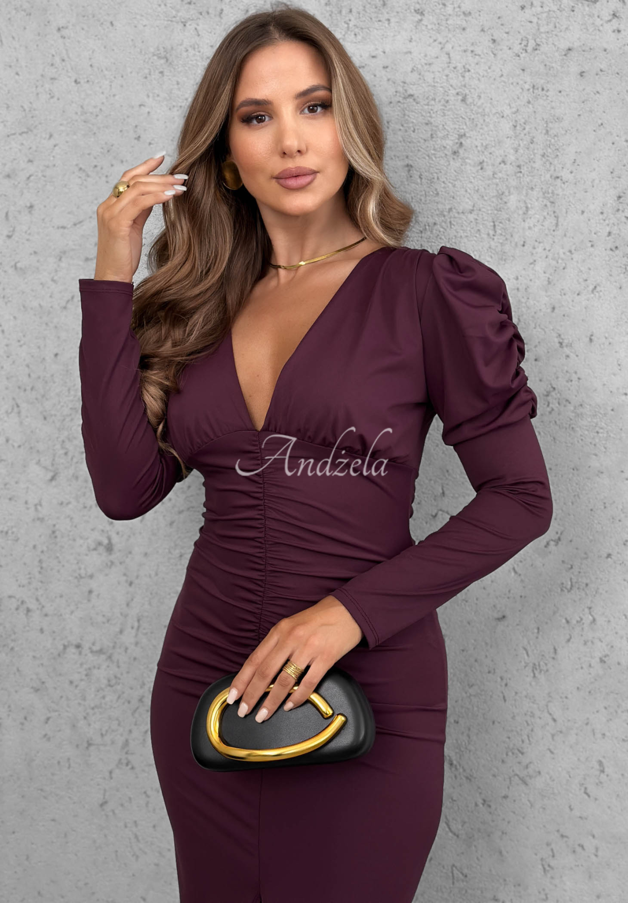 Figurbetontes Midikleid mit Raffungen und Puffärmeln Midnight Fantasy Beerenfarben