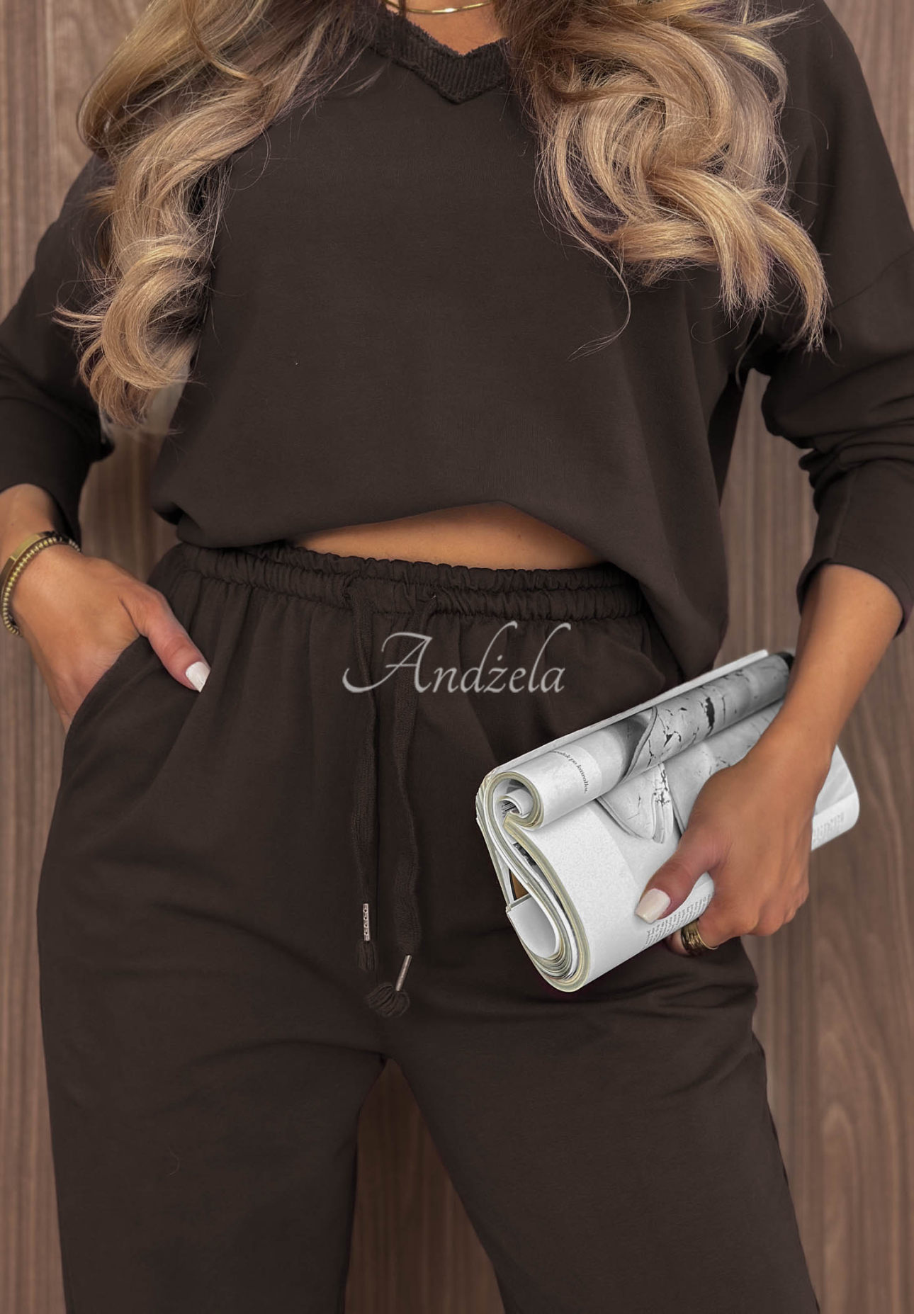Baumwoll-Sweatshirt mit V-Ausschnitt Soft Mood Schokoladenbraun
