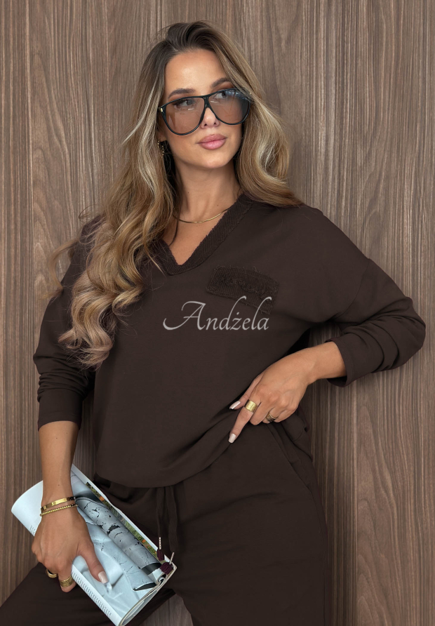 Baumwoll-Sweatshirt mit V-Ausschnitt Soft Mood Schokoladenbraun