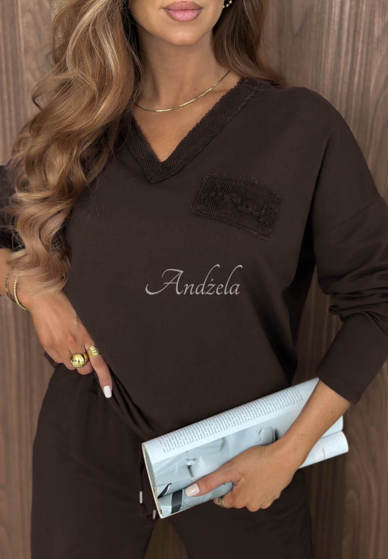 Baumwoll-Sweatshirt mit V-Ausschnitt Soft Mood Schokoladenbraun