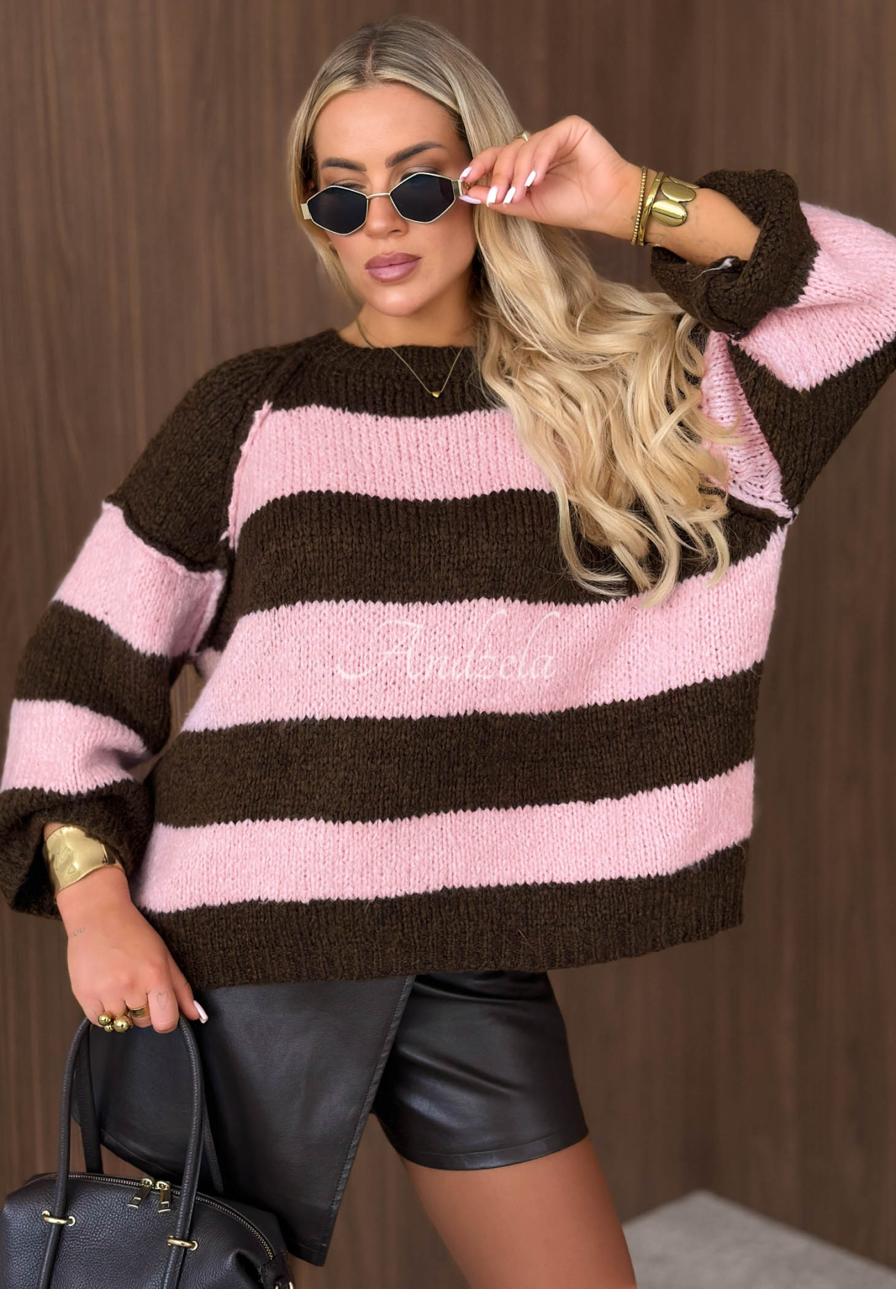 Gestreifter Pullover mit Wolle und Viskose Hot Dessert Schokoladenbraun-rosa