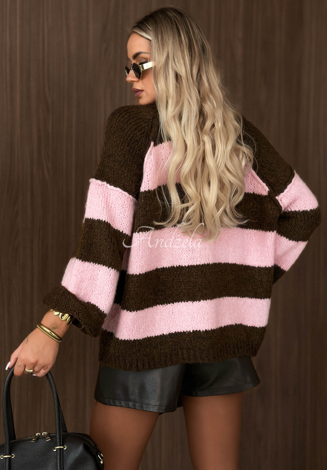 Gestreifter Pullover mit Wolle und Viskose Hot Dessert Schokoladenbraun-rosa