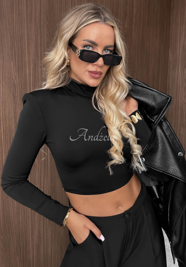 Kurzes Langarmshirt mit Stehkragen Sassy Muse Schwarz