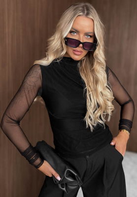 Langarmshirt aus Netzstoff mit Raffungen Femme Fatale Schwarz