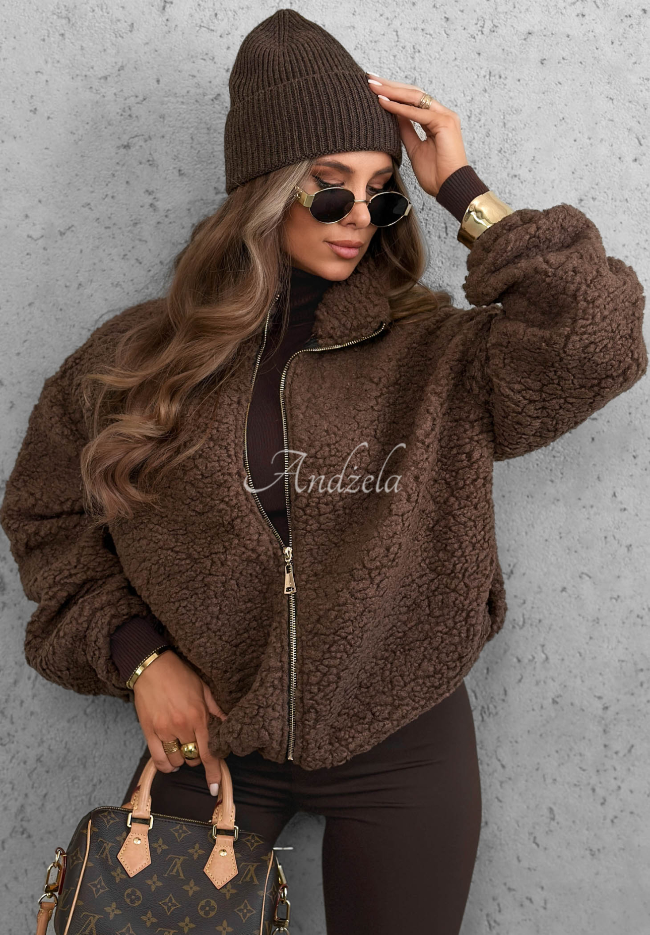 Kurze Bomberjacke aus Sherpa-Lammfellimitat Cloud Candy Schokoladenbraun