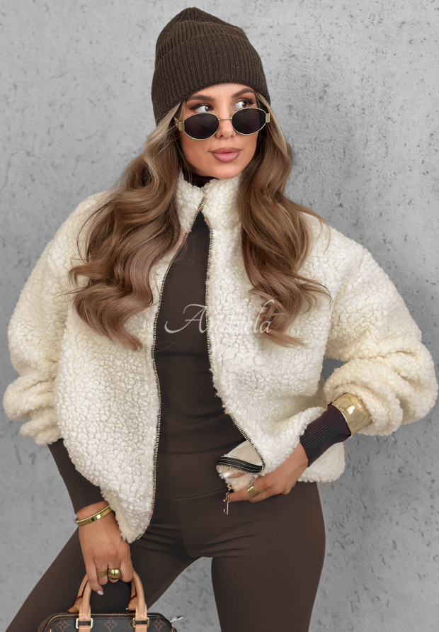 Kurze Bomberjacke aus Sherpa-Lammfellimitat Cloud Candy Ecru