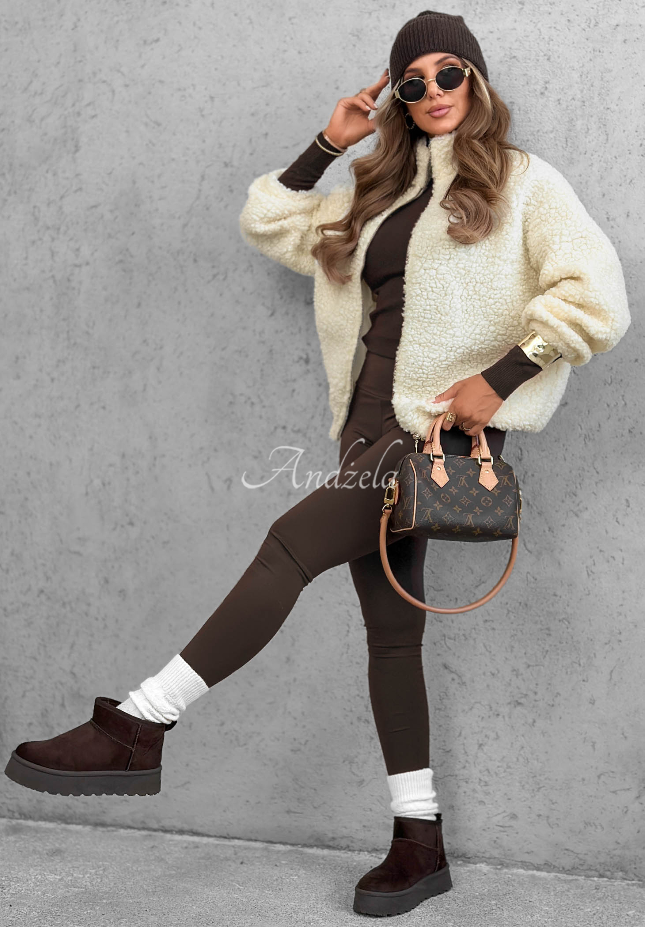 Kurze Bomberjacke aus Sherpa-Lammfellimitat Cloud Candy Ecru