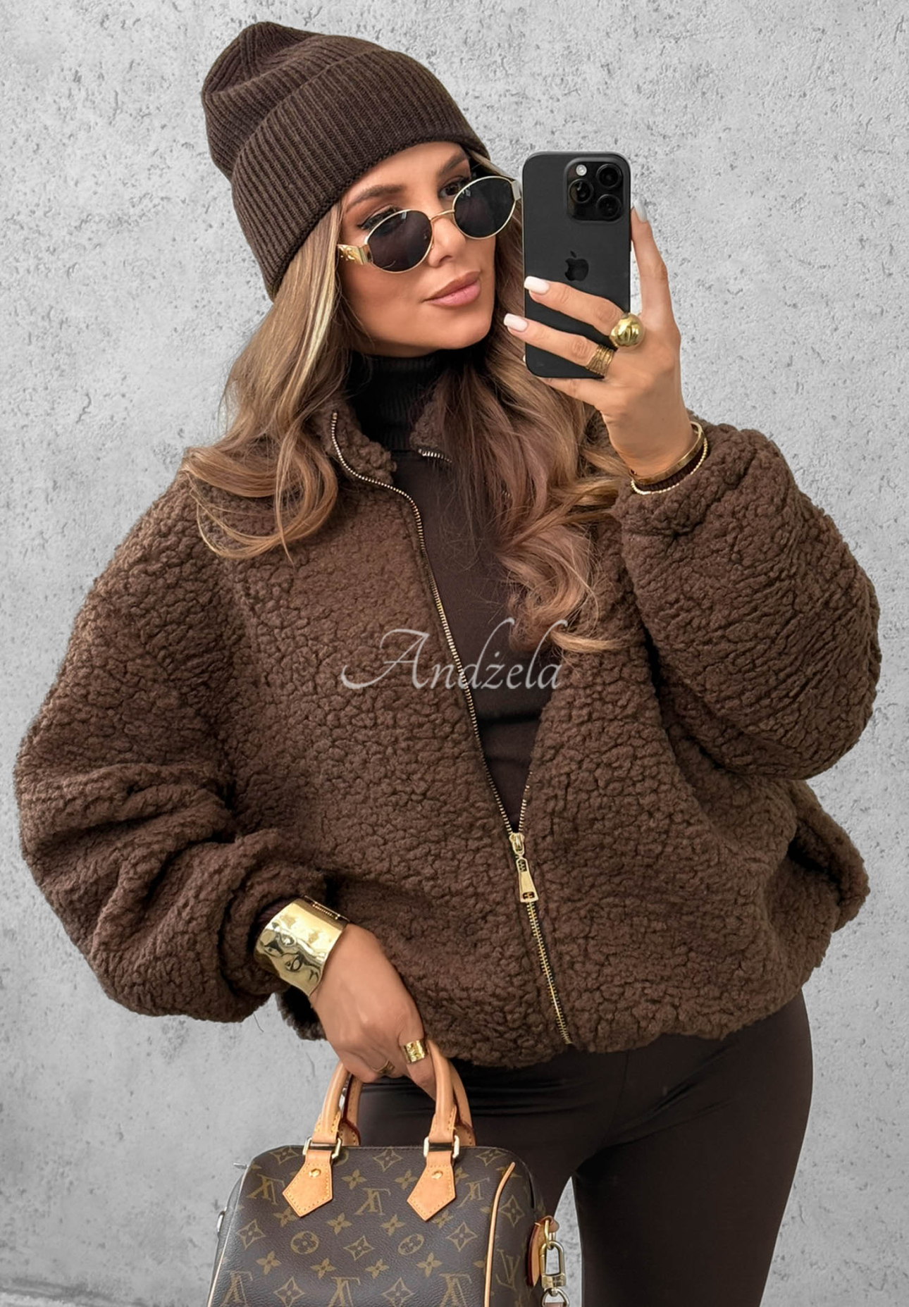 Kurze Bomberjacke aus Sherpa-Lammfellimitat Cloud Candy Schokoladenbraun