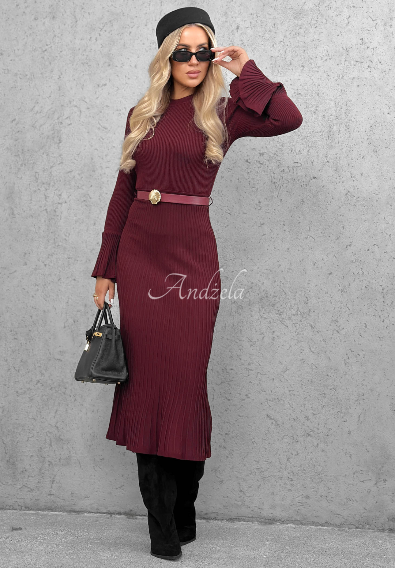Midi-Kleid aus Viskose mit langen Ärmeln in Glockenform Lovely Day Burgunderrot