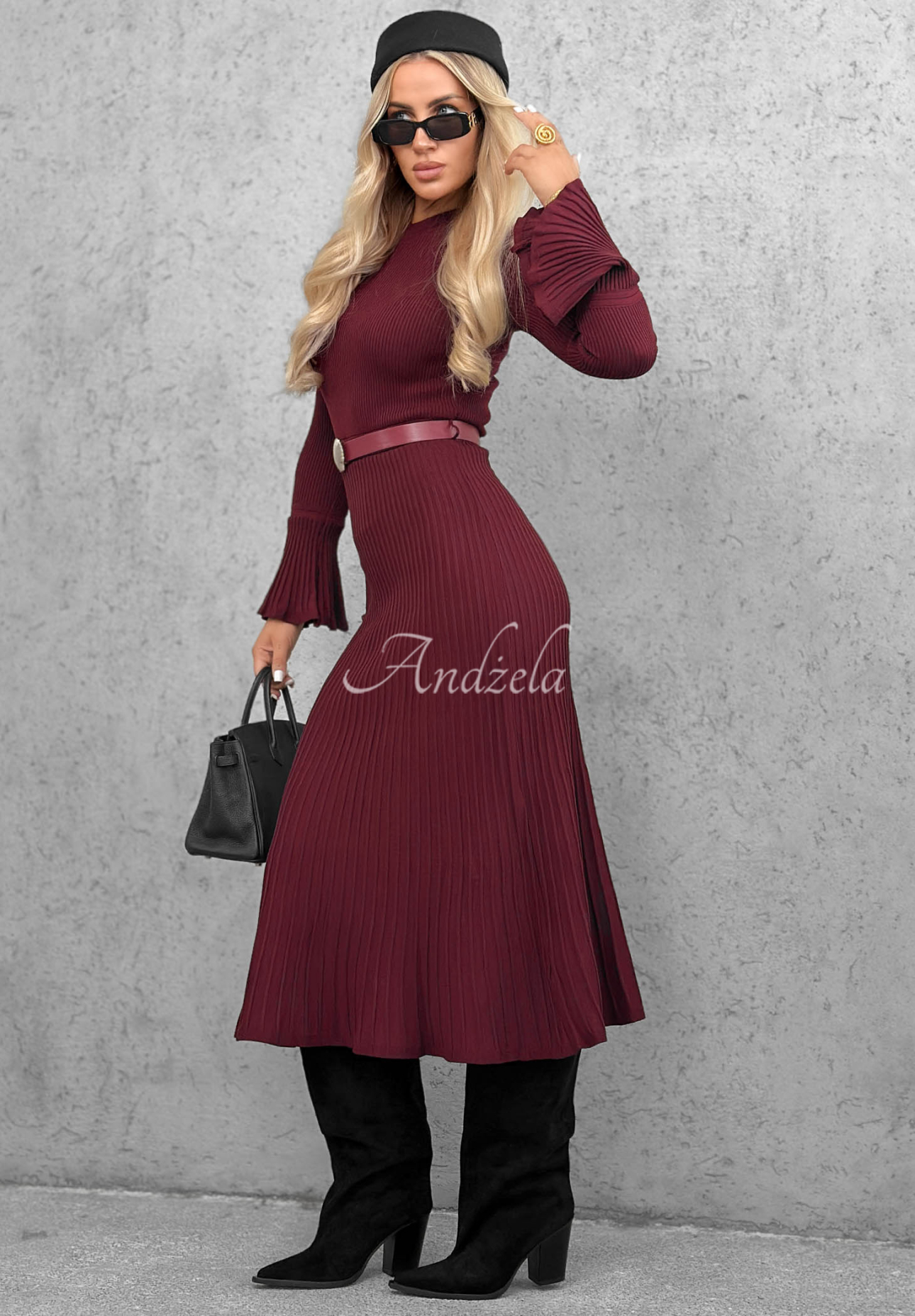 Midi-Kleid aus Viskose mit langen Ärmeln in Glockenform Lovely Day Burgunderrot