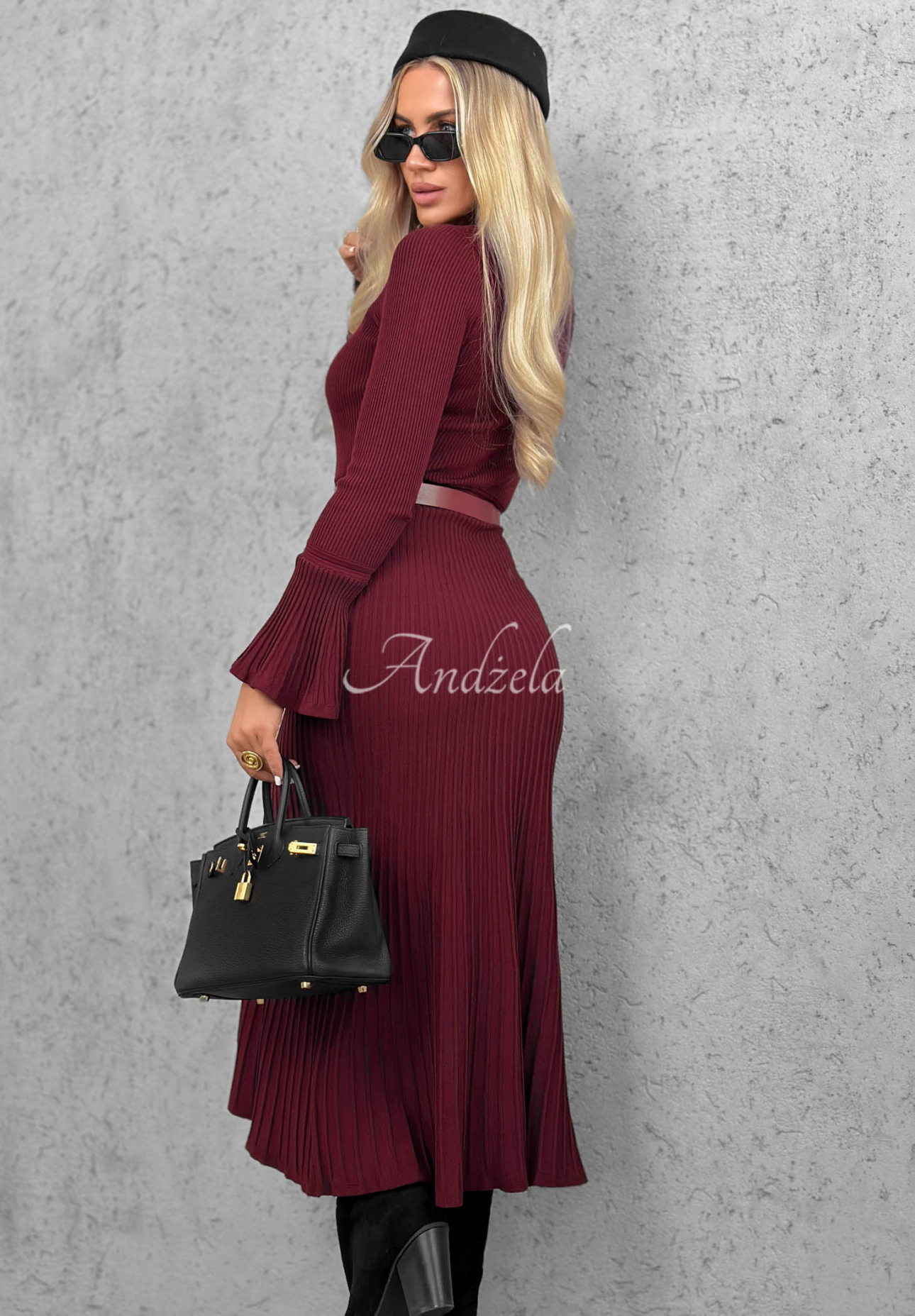Midi-Kleid aus Viskose mit langen Ärmeln in Glockenform Lovely Day Burgunderrot