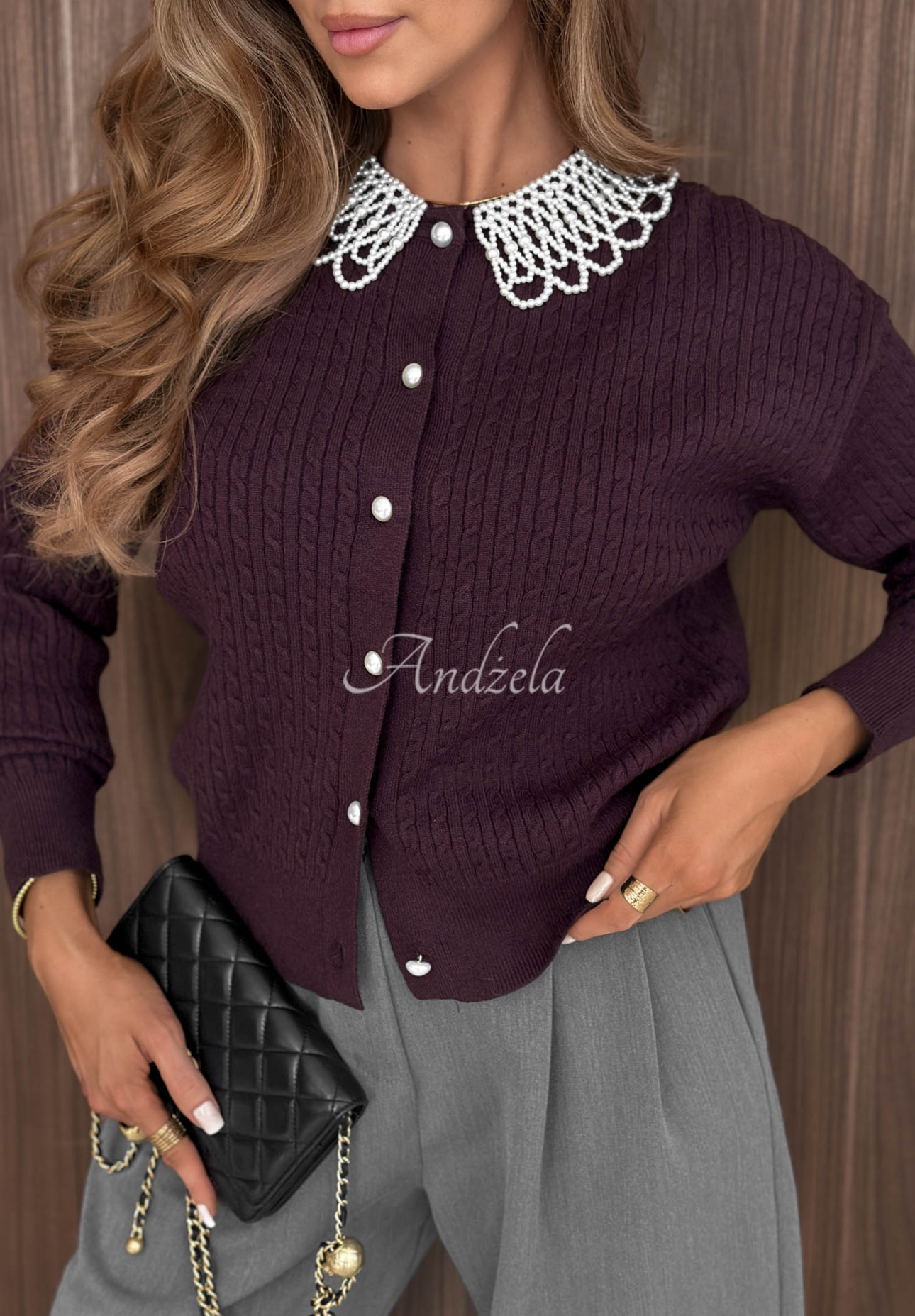 Viskose-Cardigan mit Perlenkragen Pearly Look Beerenfarben