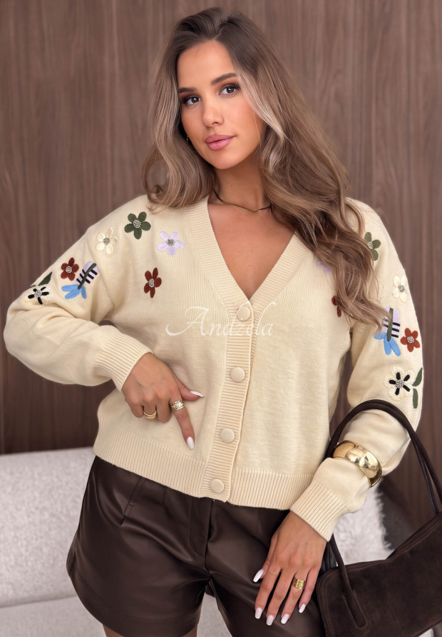 Kurzer Cardigan mit gestickten Blumen Rose Cloud Beige