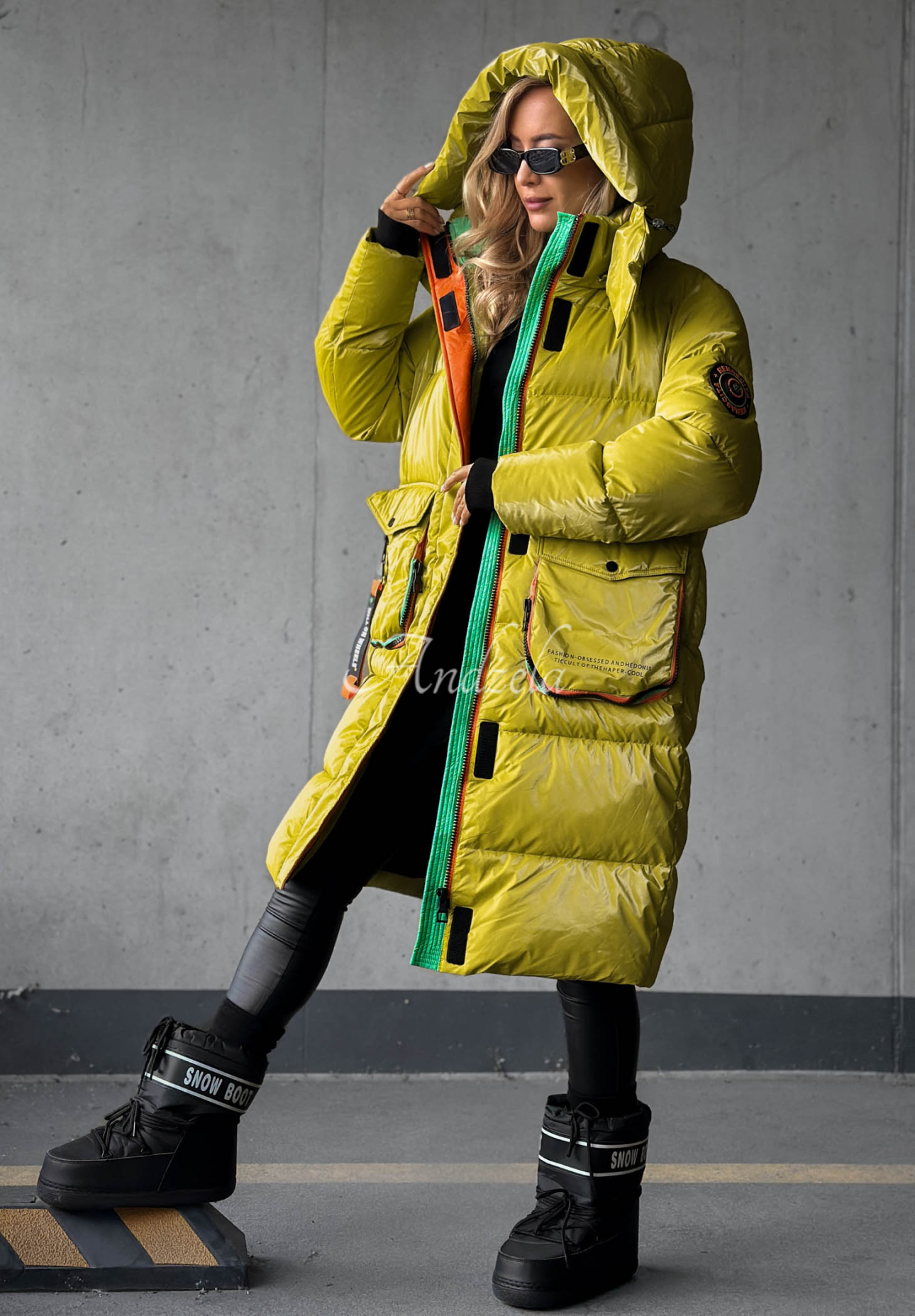 Lange Steppjacke mit Kapuze Silver Frost Limette