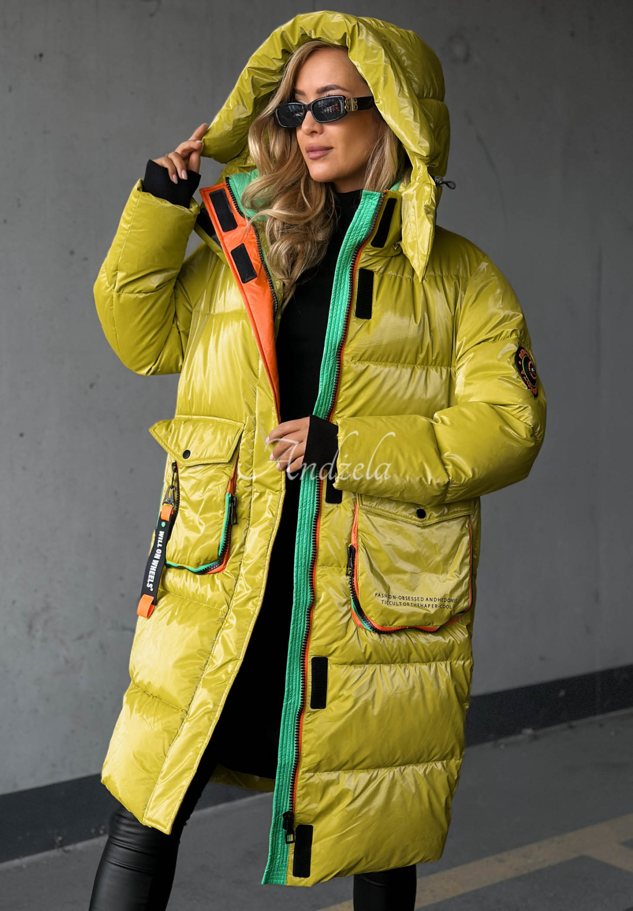 Lange Steppjacke mit Kapuze Silver Frost Limette