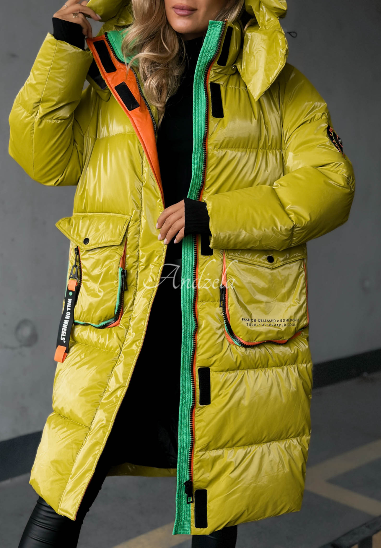 Lange Steppjacke mit Kapuze Silver Frost Limette