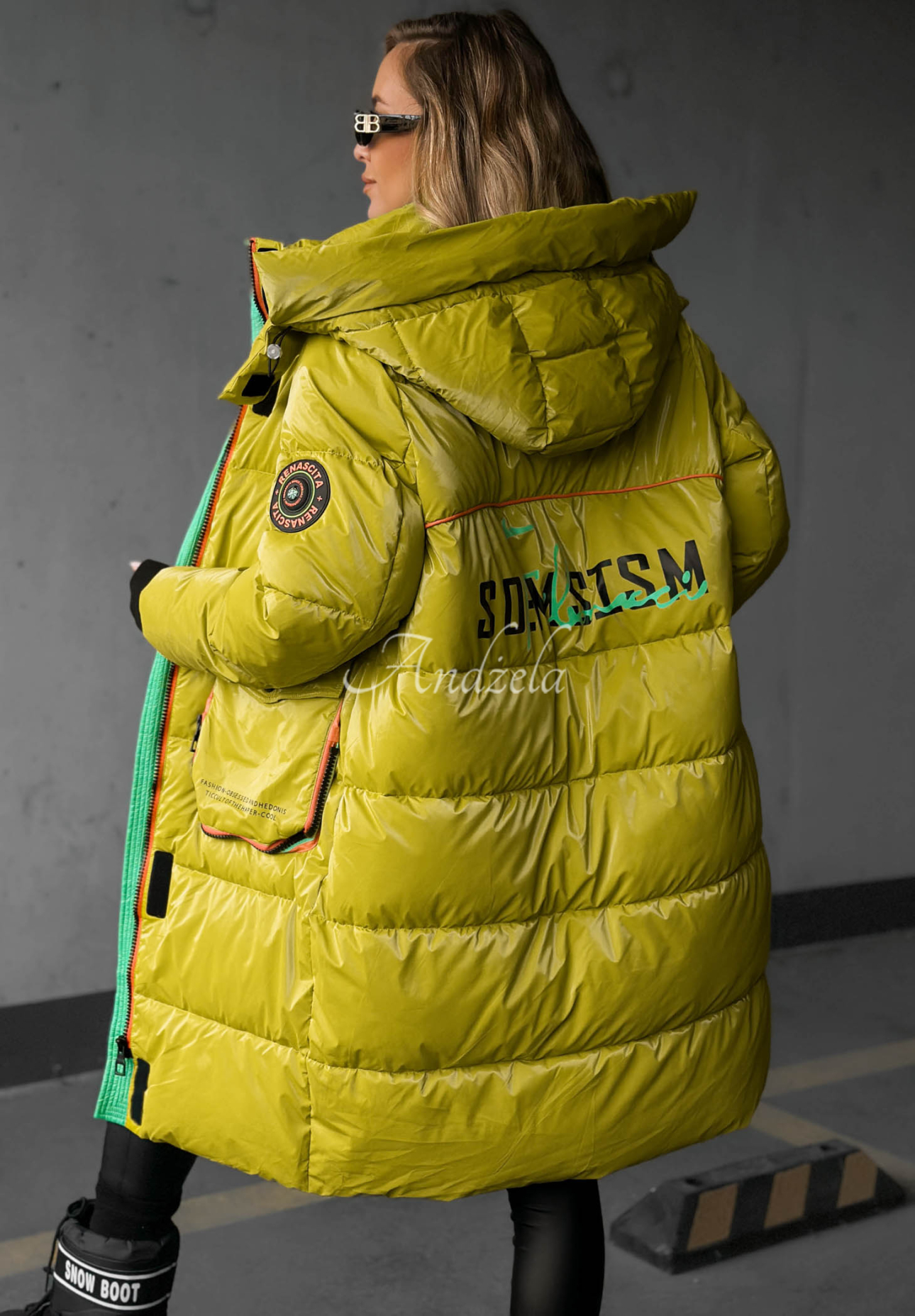 Lange Steppjacke mit Kapuze Silver Frost Limette